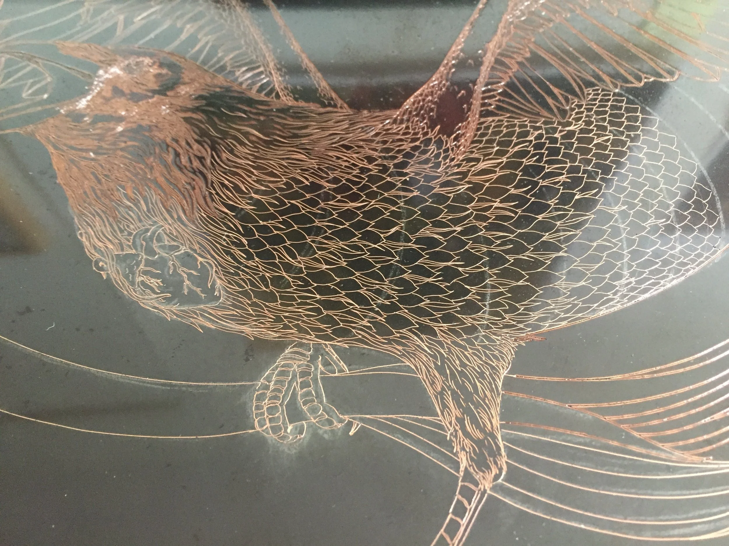 In the above images you can see the initial drawing of bold outlines. After drawing the whole image, I etched the plate for over an hour. I then reground the plate.