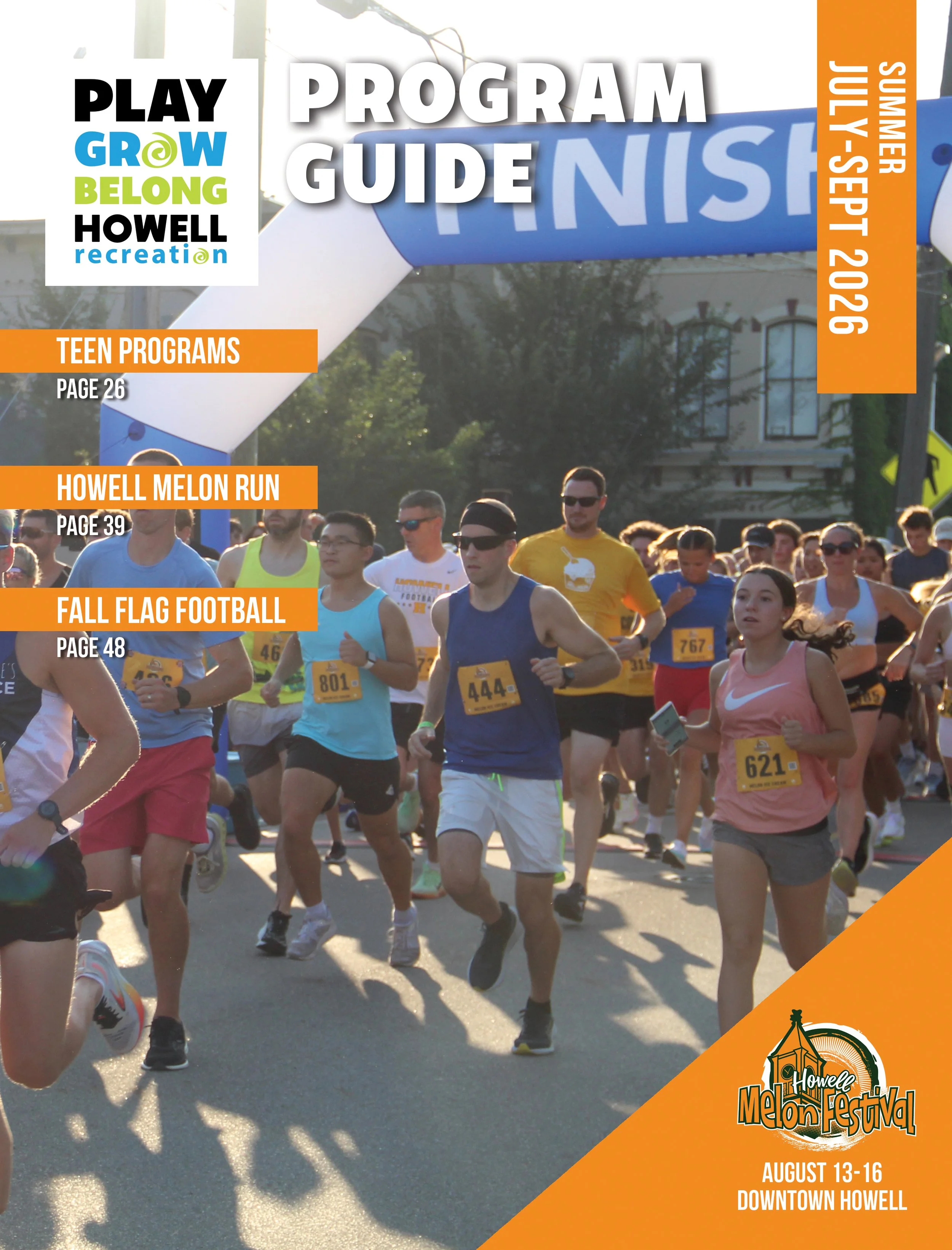 The cover of the Summer program guide. A group of runners dash from the starting line during the Howell Melon Run.