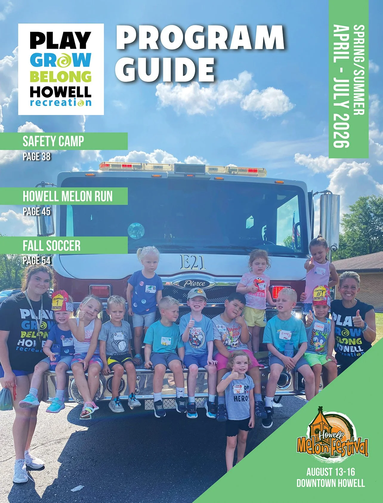 The cover of the Howell Recreation Program Guide.  A group of kids sit on the front of a fire truck during safety camp 2025.