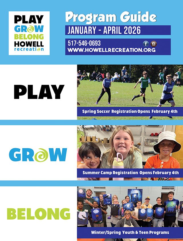 The cover of the Winter Program Guide featuring pictures of kids playing soccer, kids having fun at summer camp, and a group photo from a teen art class.