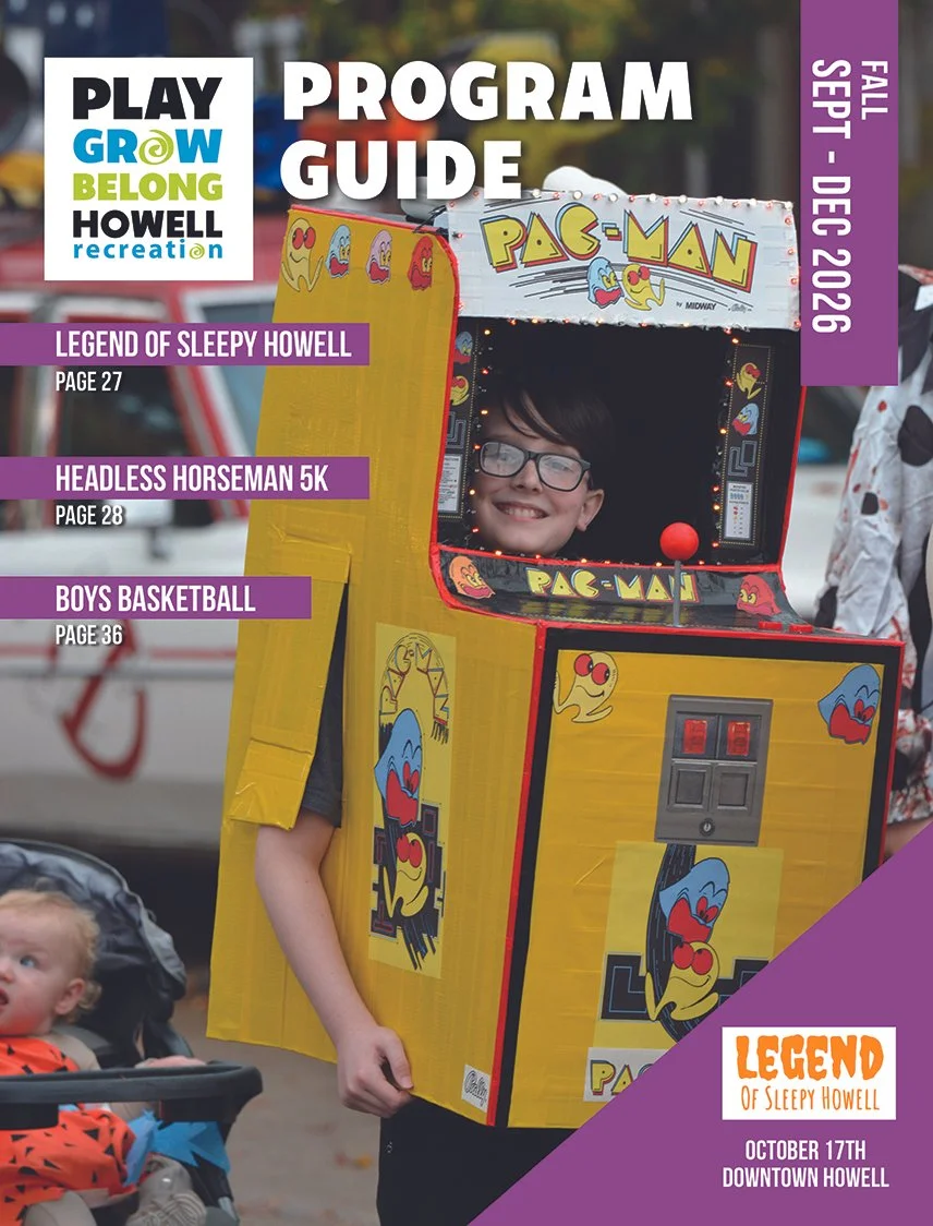 The cover of the Howell Recreation fall Program guide featuring a child dressed up as a Pac-Man arcade machine.
