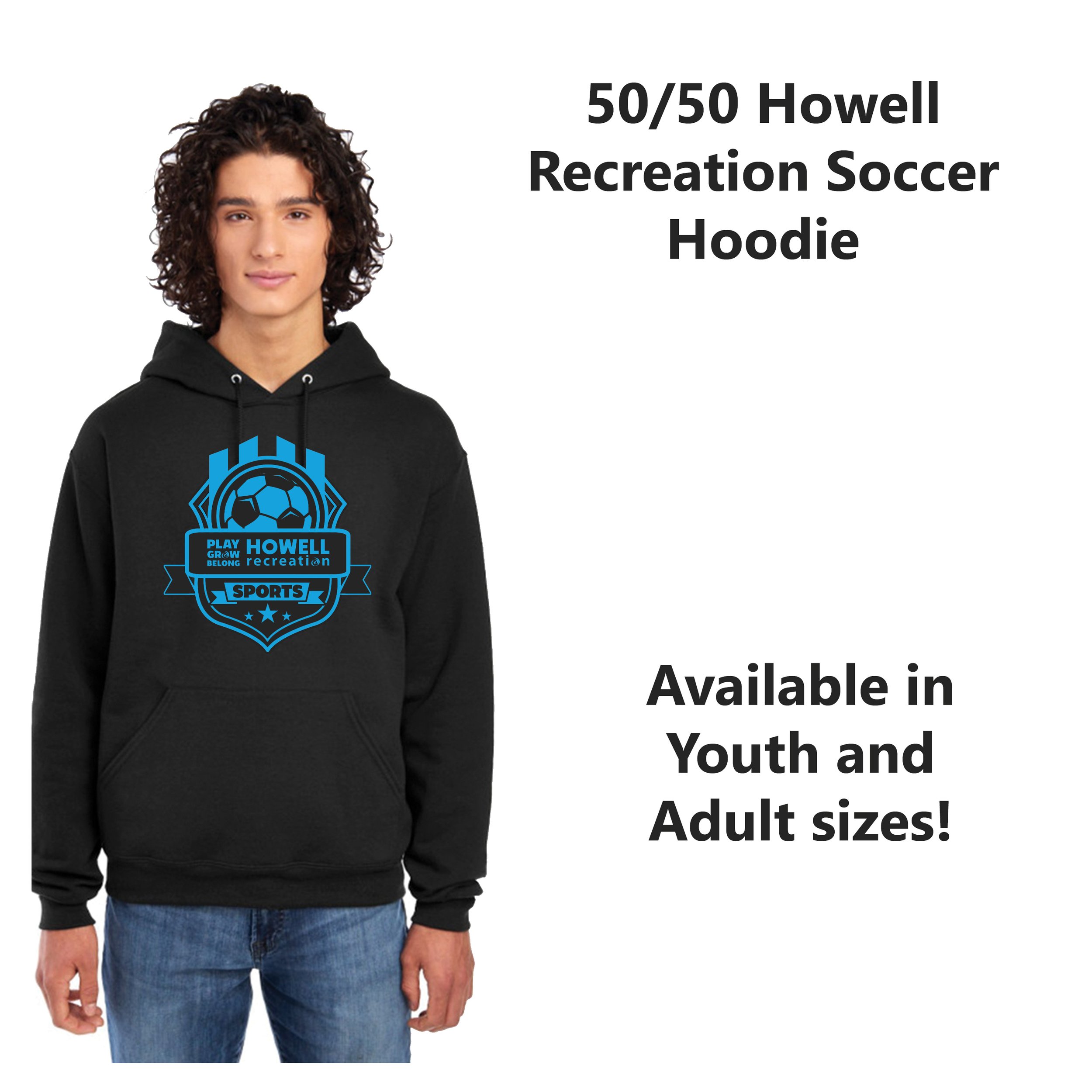 A man wearing a black hoodie with the blue Howell Rec Soccer crest on it.