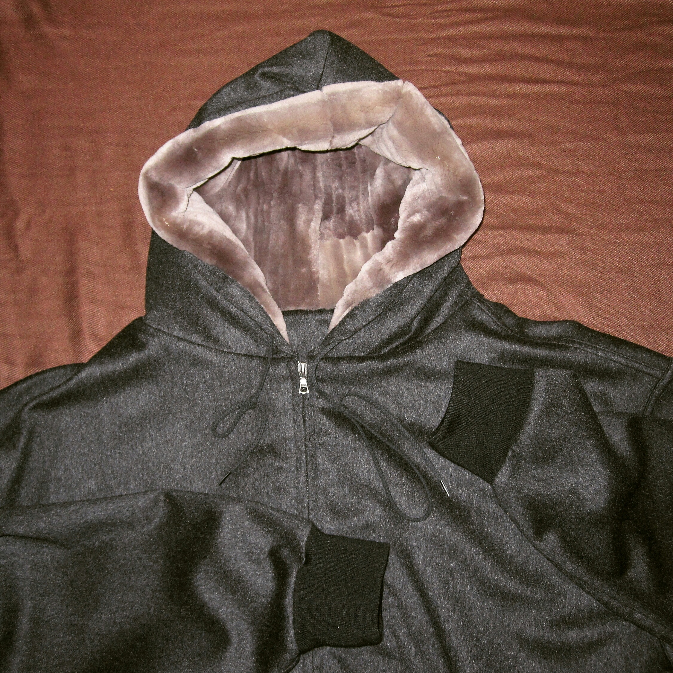 Charcoal Grey cashmere hoodie with Chinchilla-lined hood