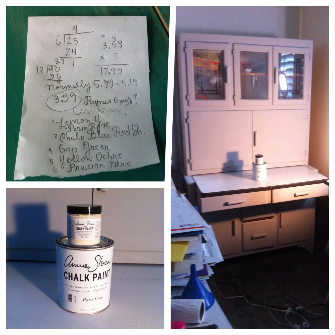 Left to right: My Winsor Newton Marker shopping list, my newly painted hutch in Paris Gray and the culprit, Annie Sloan chalk paint.