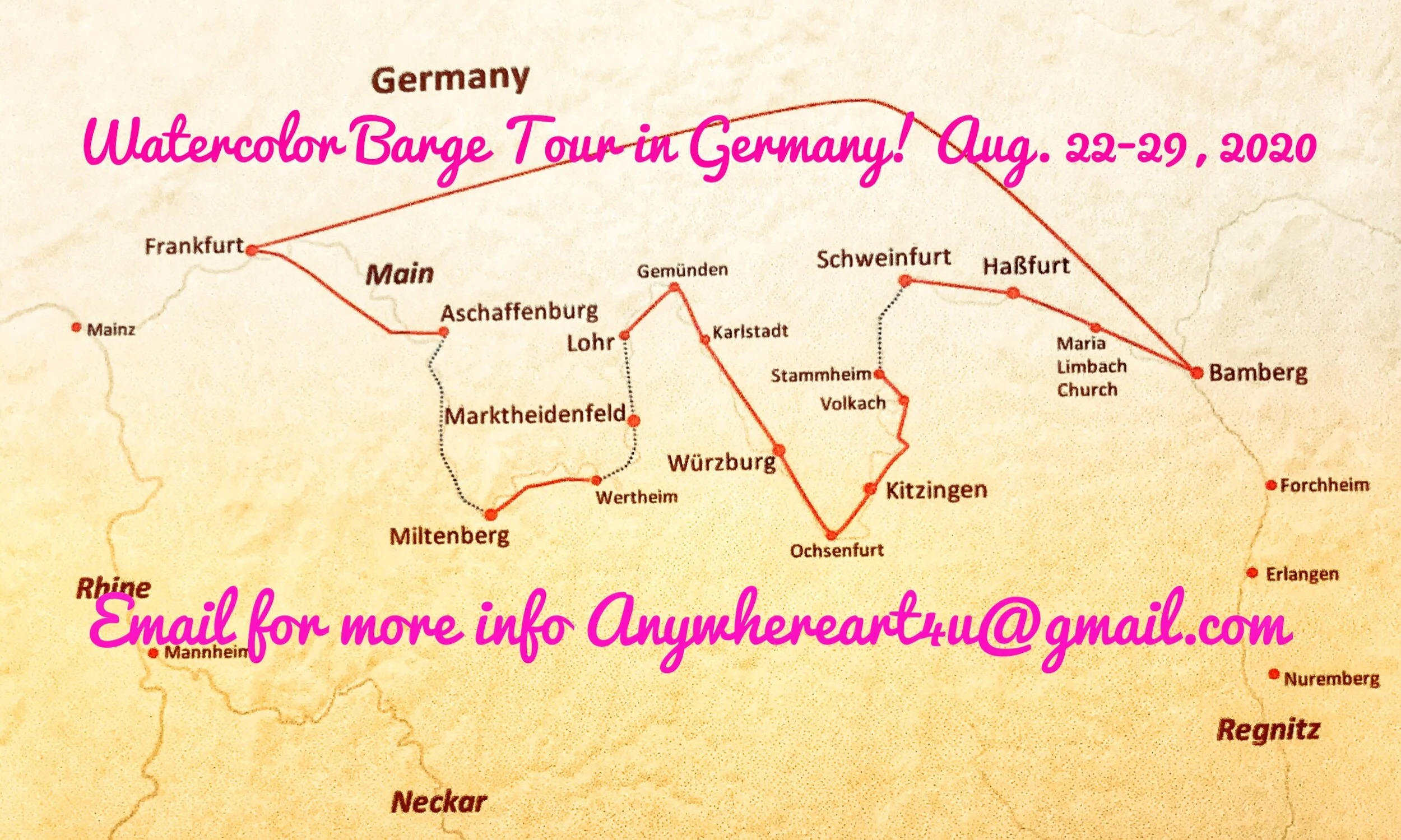 This map shows the route we will sail along and the towns we will visit in Central Germany.