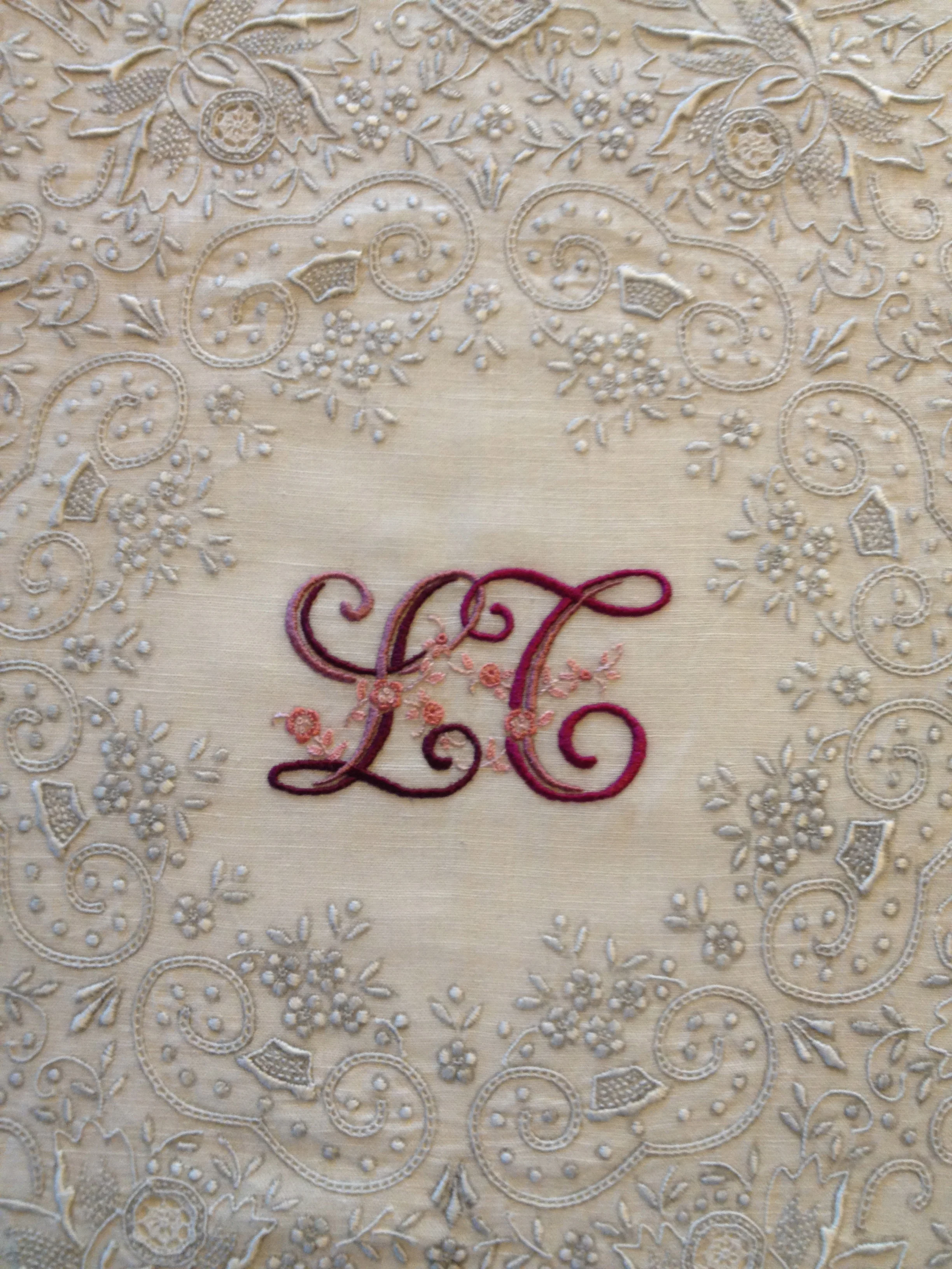 Monogram, "LT" (detail.) Silk embroidery on vintage handkerchief. 10"x10". 2013