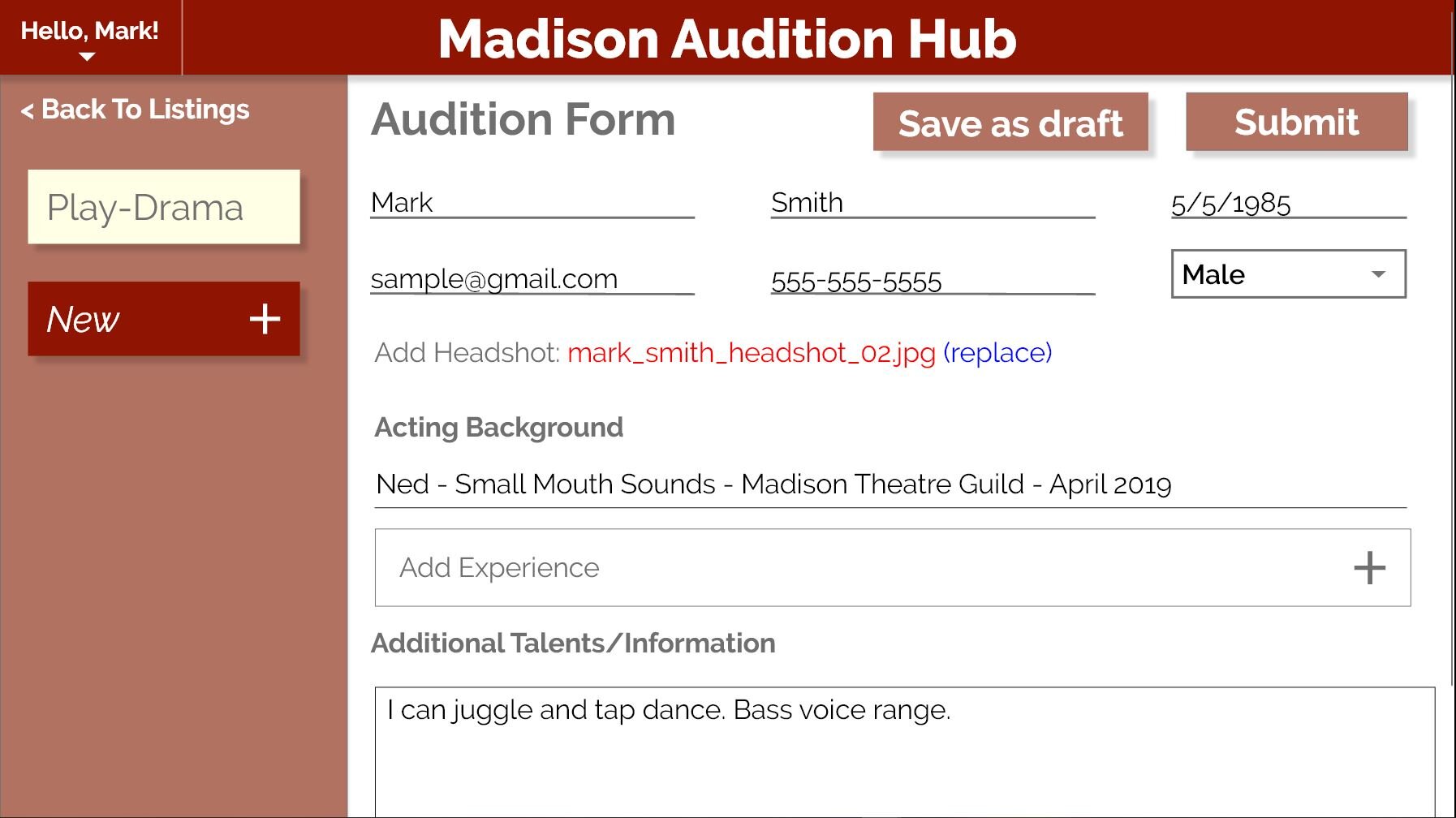 Pre-Created Audition Form
