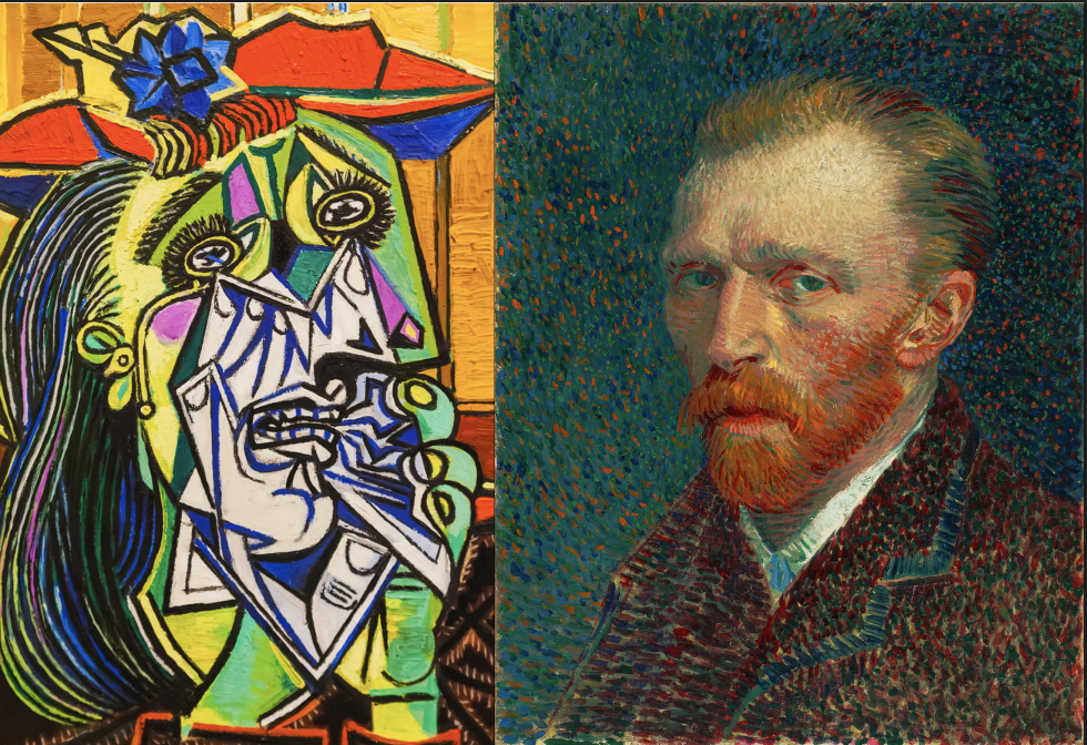 Vincent van Gogh, Self Portrait, 1887, using pointillist technique. Weeping Woman, 1937, Picasso, a prime example of cubism