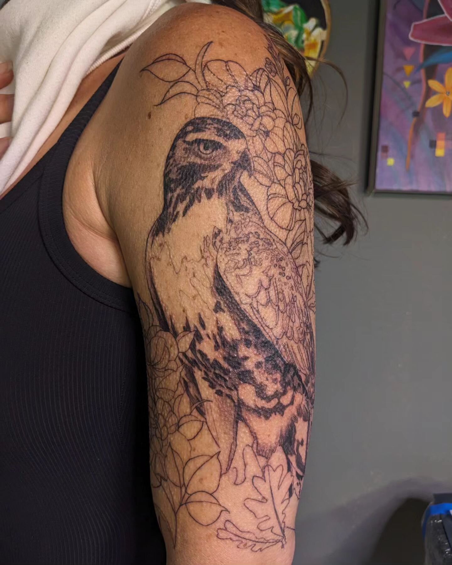 A first pass on this half sleeve for @mindfulliving.yoga who sat very well for a long day to jumpstart this project.
.
I didn't anticipate switching to a cool hawk tattoo at this scale last night, but was very excited by the prospect. Some stencil sn