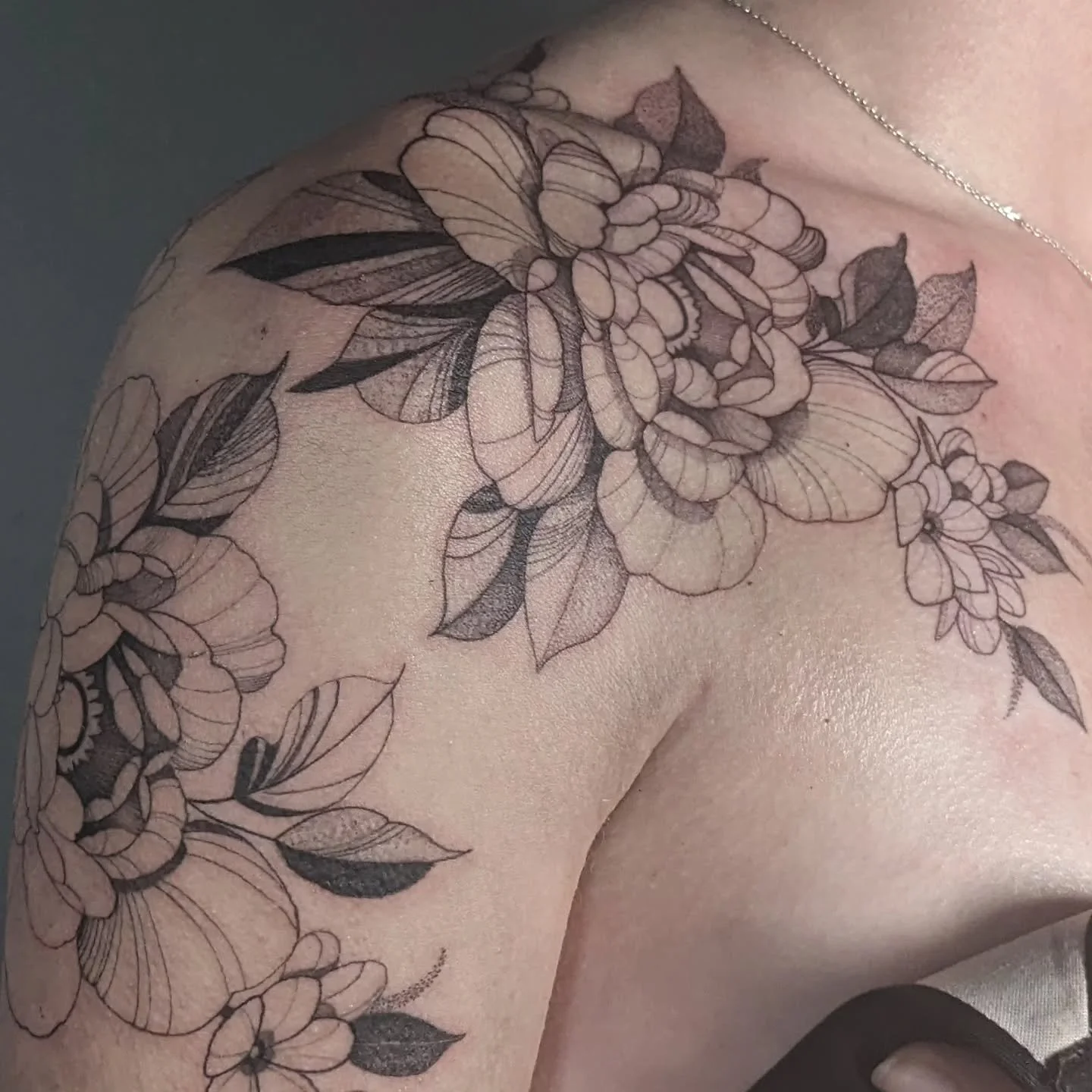 Started something cute and femme for Alexis; work in progress. Happy birthday bb. @snapdragonprovisions
.
#finelinefloral #peonies #shouldercap #sleeveinprogress 
.