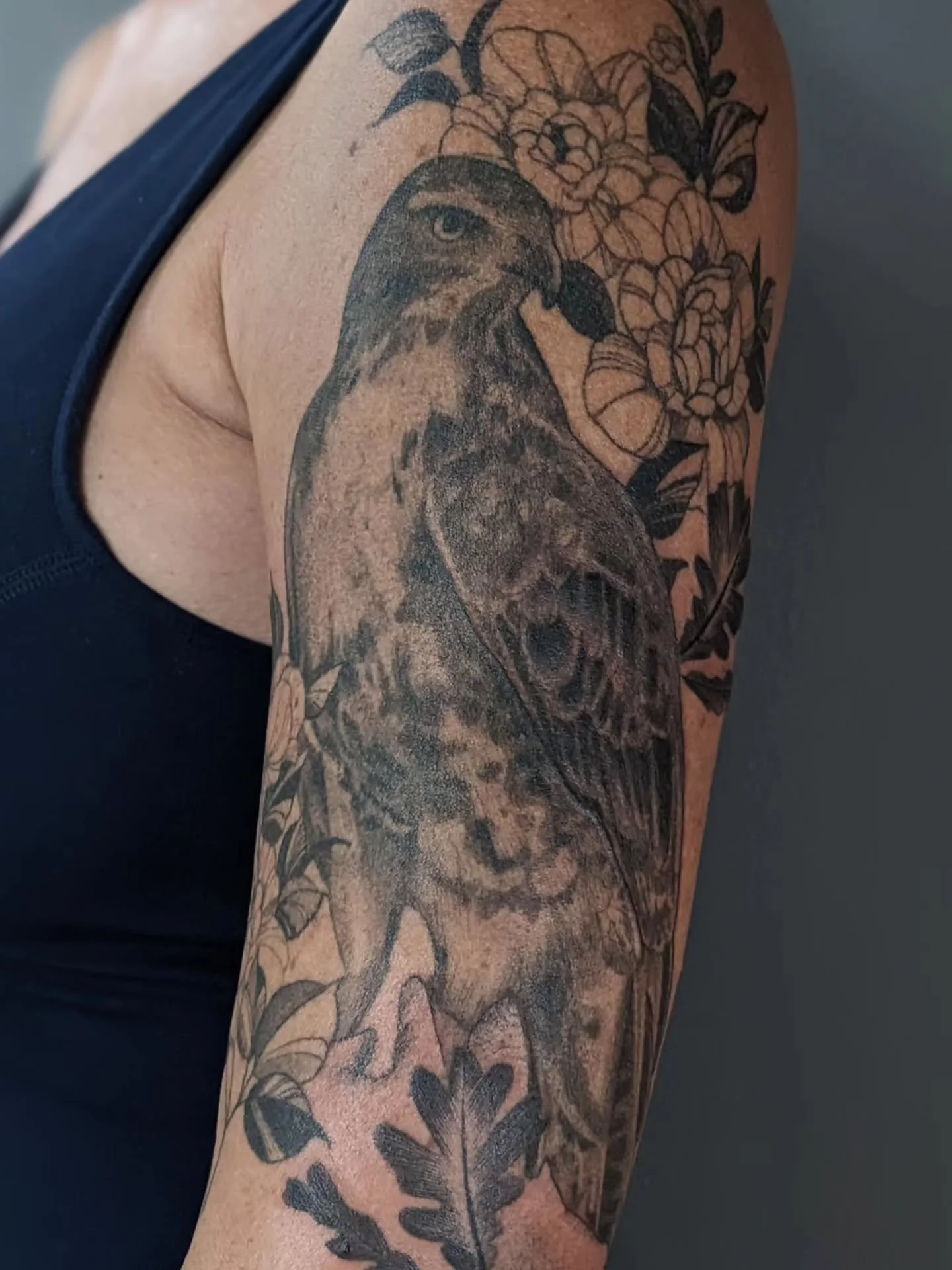 Finished the four lingering oak leaves on this super sweet hawk and florals upper arm tattoo for Cassey and popped a lil more black into the wing ☀️ 
.
@mindfulliving.yoga 
.
Done @mothership.tattoo with @goodjudy.ca supplies 🌿 
.
hummingbird is not