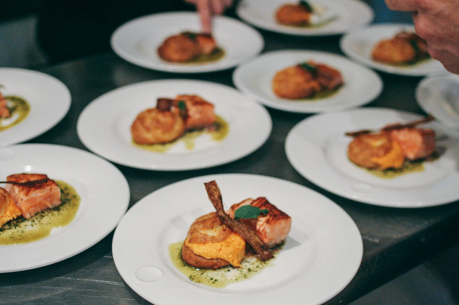 Gougère with Sweet Potato Soufflé, Salmon, Rhubarb Chip 