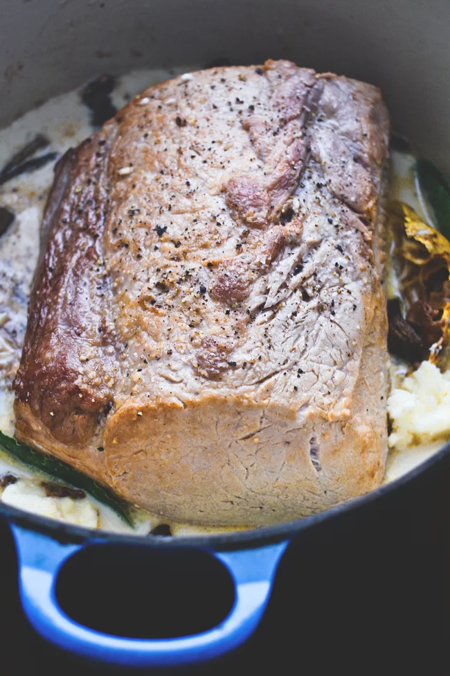 Milk Braised Pork with Smoked Garlic, Porcini, and Feta