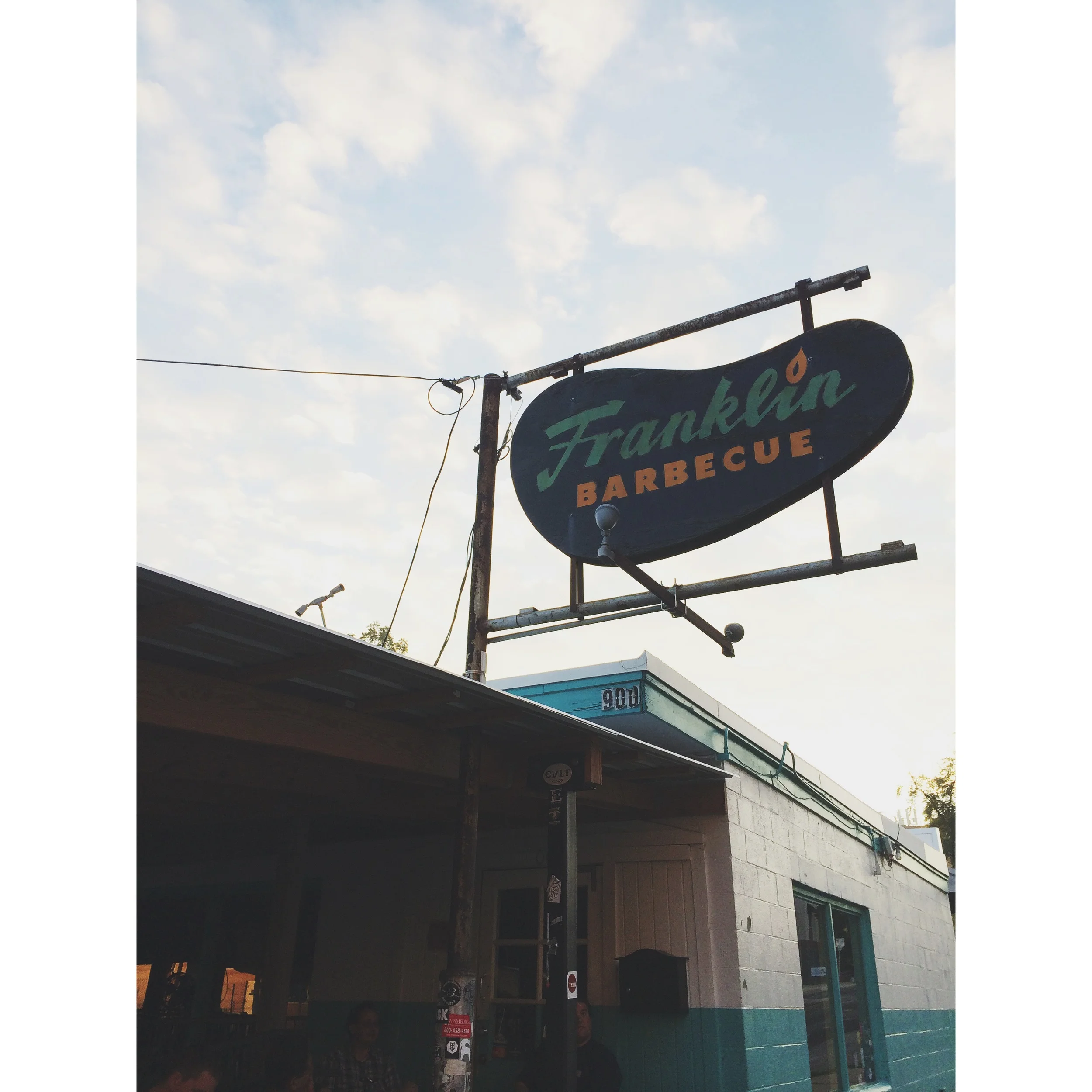 FRANKLIN BBQ, 7AM, 27th and 28th in line, 4 hours till opening, excitement level is HIGH, husband was literally jittery.