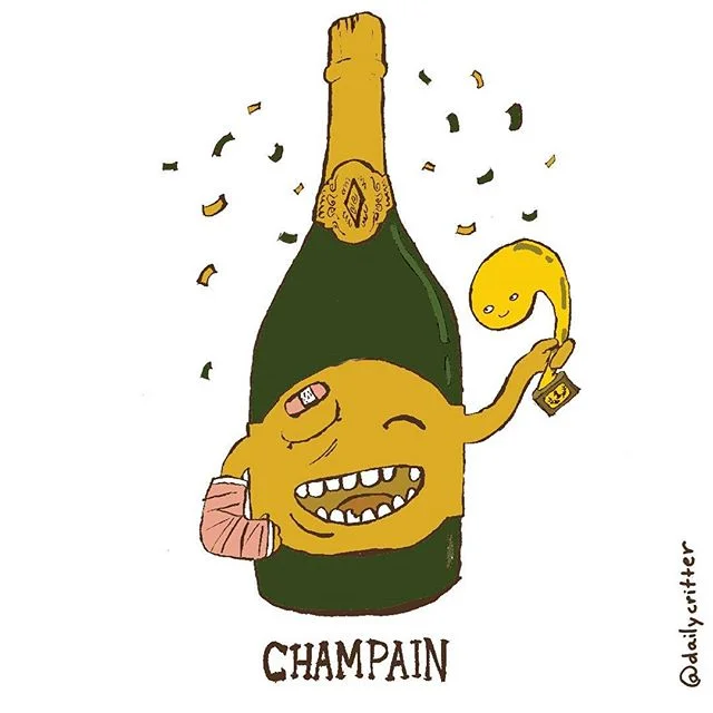 Celebrate all your winjuries #champagne #pain #champ #champion #booze #toast #wordplay #puns #dailycritter #daily #illustration #funny #winning