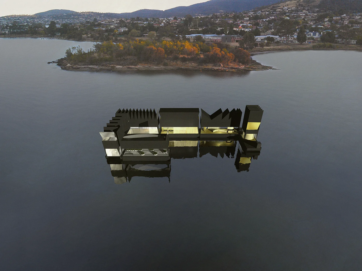 'island base' with two barges elsewhere