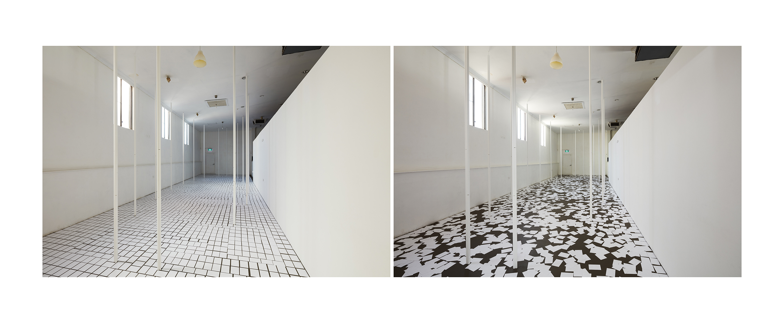Moments of Place - Papermountain Gallery, Perth 6 - 22 October 2017 Participants: Urbanist - Robyn Creagh (floor) + Artist - Shannon Lyons (wall objects) + Architect - Simon Pendal (Columnar Room) Photographers: Chi Ho + Rob Frith - Acorn Photo Catalogue Essay: An installation artist, an architect and an urban situationist walk into a bar. One orders a pint of De Certeau, one a shot of LvS and the other a glass of Debord. Each takes a sip. They are planning an exhibition in a small gallery. Working in their own traditions they want to interrogate the nature of place. The pint drinker says to the others: “We are the strategists in this venture. My work will be difficult to find. My audience will use many tactics in their attempts to discover what I have done.” The shot drinker says: “My audience will enter the space that I will provide and they will know at once whether they are in it or looking at it. Depending on their individual histories in space I think that some will read the space as an ellipse – thinking of the evolution of geometry and of classicism, and others will focus on my three leaf clover columns – recalling the columns of Alvar Aalto and the social democracy they served. I’m not sure that I am the strategist here. Maybe I’ve assembled a set of tactical prompts.” Picking up the bottle of Debord and decanting some more of the contents into a glass, the urban situationist says: “My strategy is to cover the black floor with a grid of white cards. That symbolises the abstract subdivisions that are the base of every colonial settlement since ancient Greece. Those grids have been so subverted by individual pursuits of desire that, for example, the once straight north-south street of the Roman camp that is the origin of Alnwick in Northumberland today inscribes an S-curve that obscures the view along its length. My tactic is to record how visitors walking across these cards disturb them. I will look for emergent patterns caused by the casual disruptions of the cards. I hope that visitors are not too self-conscious about the art-value of the cards. I hope they walk across them intent on finding the wall installations or entering the sixteen columns. If they are too careful they will be strategists trying to make art!” “Maybe”, mused the installation artist, taking a sip of De Certeau, “My audience will be on the look out for the dualities of ‘embodied and distributed’ forms. I will be happy if when they find one of my small plates on the walls, that they decide that every small plate in the gallery was inserted by me. In this way I hope to inveigle people into a Duchampian realisation about the wonder of every part of our world.” “Oh!”, interjected the architect, choking slightly on the LvS,” I think they will notice that we have carved this up between the three nested scales of detail, architectural space and urban process!” “But,” said the situationist feeling a warm glow from the Debord, “Surely they will get it that we are dealing with types AND original twists to type!” They fell silent, looking at each other across their glasses. After a long silence they said in unison, startling themselves as they did: “You know, there is a tension between our presumed personas and what each of us has done. All the works are installations, all are architectural and all can be read as commenting on the urban situation.” Another long silence fell over the group. “Each of us in the act of making our exhibit has implied an audience for that exhibit,” said one of them. “And,” said another, “the white gallery space both creates and limits our audience.” They all sighed. ‘That old chestnut’, they thought internally. But we have painted everything white. Except the floor. Which will start off looking white. “I wonder whether the audience will notice that we have created a tri-polar investigation into Einstein’s ‘spacetime’. How each of us has found a way to reveal a ‘standing-wave’ in that continuum.” The barista offered them all a coffee. “I couldn’t help but overhear your discussion,” she said. “I have observed that drinking De Certaeu gives rise to dualities, while drinking LvS causes triple vision, and Debord braids people up altogether!” The installation artist, the architect and the urban situationist protested together: “We are joined together through the tensions between these positions! Our audience will discover their own trails of precedents. Some will be from far off horizons, some will be from our shared Perth educations. Some will be entirely circumstantial to the present locus. They don’t have to know our histories!” “Of course said the barista tactfully: “As Proust said, ‘spelling out your theoretical position is like keeping the price tags on the furniture you buy for your home.’ Have another drink for the road!” And they did. This left them wondering where they were in the never ending spiralling of Earth through this universe. But that is another tale, and involves another bar. Leon van Schaik AO (LvS)