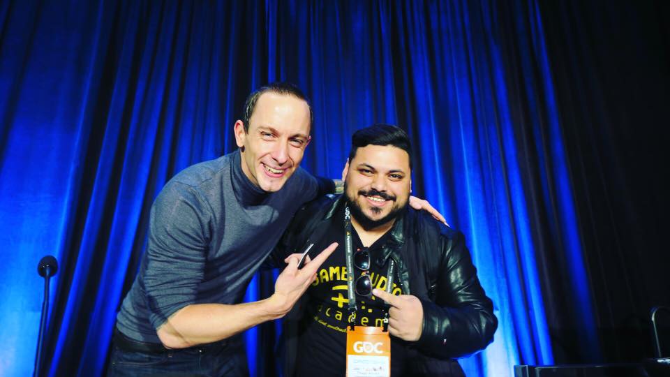 Foto depois da palestra do Mick, na minha opinião a melhor da audio track dessa GDC, claramente apontando quem é o mais doido :)