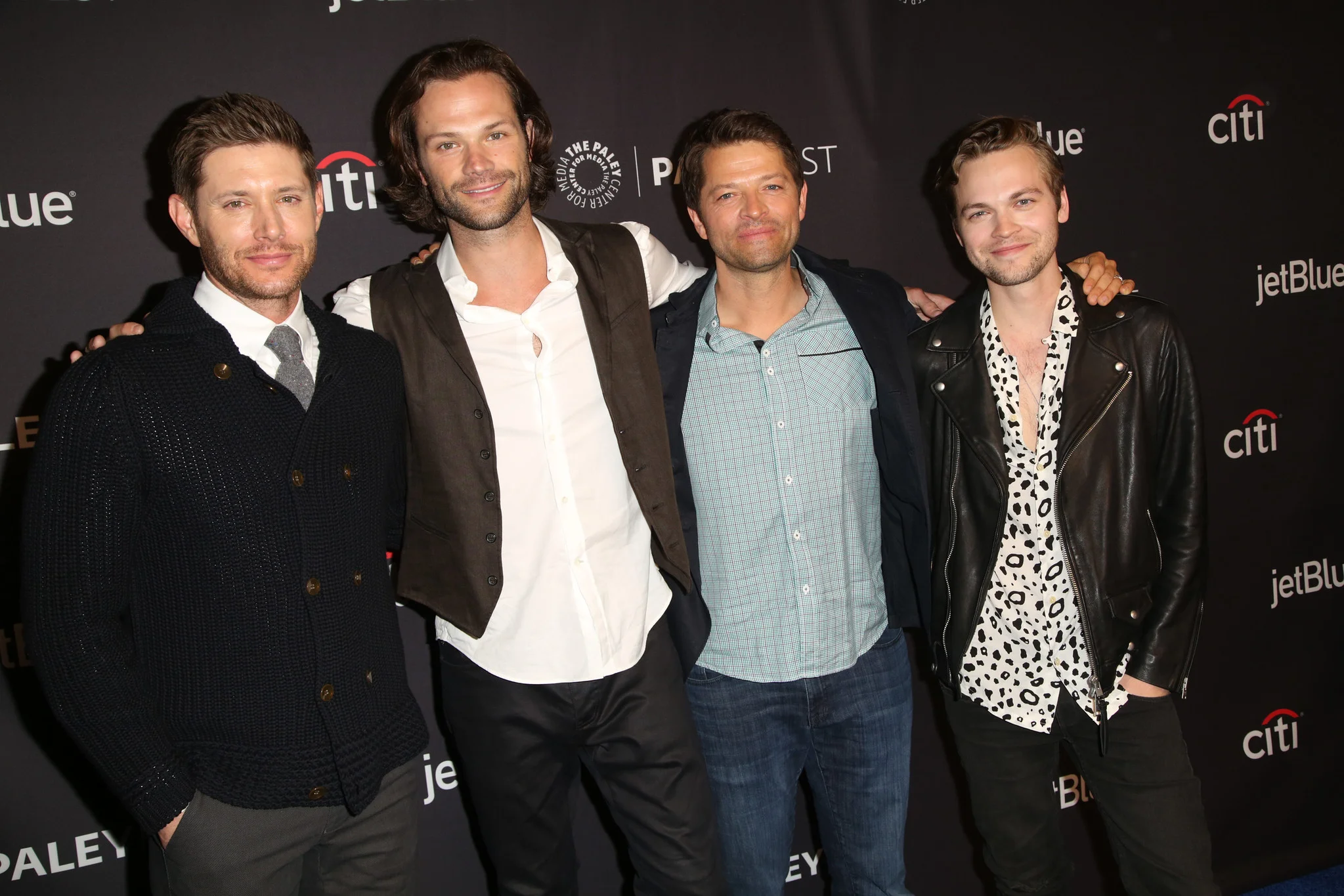 (L-R): Jensen Ackles, Jared Padalecki, Misha Collins, and Alexander Calvert arrive at PaleyFest LA 2018 honoring Supernatural, presented by The Paley Center for Media, at the DOLBY THEATRE on March 20, 2018 in Hollywood, California. Photo Credit: Brian To for the Paley Center