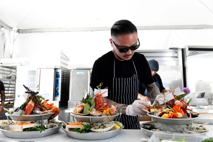 Tin Vuong, chef at Little Sister, cooks for the Sidestage Experience at the BeachLife Festival at Seaside Lagoon in Redondo Beach on Saturday, May 4, 2019. (Photo by Axel Koester, Contributing Photographer for Daily Breeze)