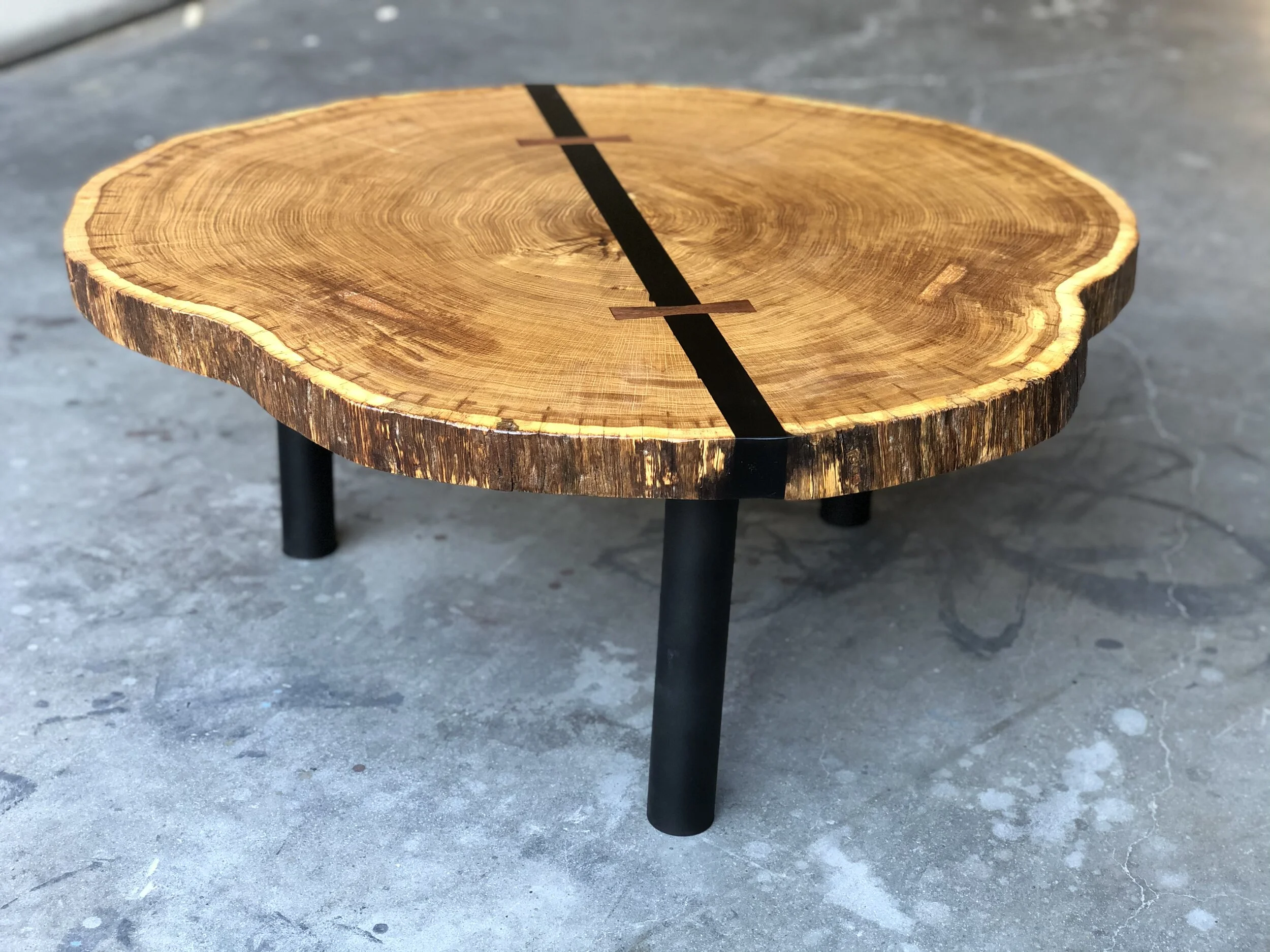 Bookmatched White Oak Coffee Table With Black Resin Bowties P10700 Pasadenaville Live Edge Wood Slab Tables And Furniture Los Angeles California
