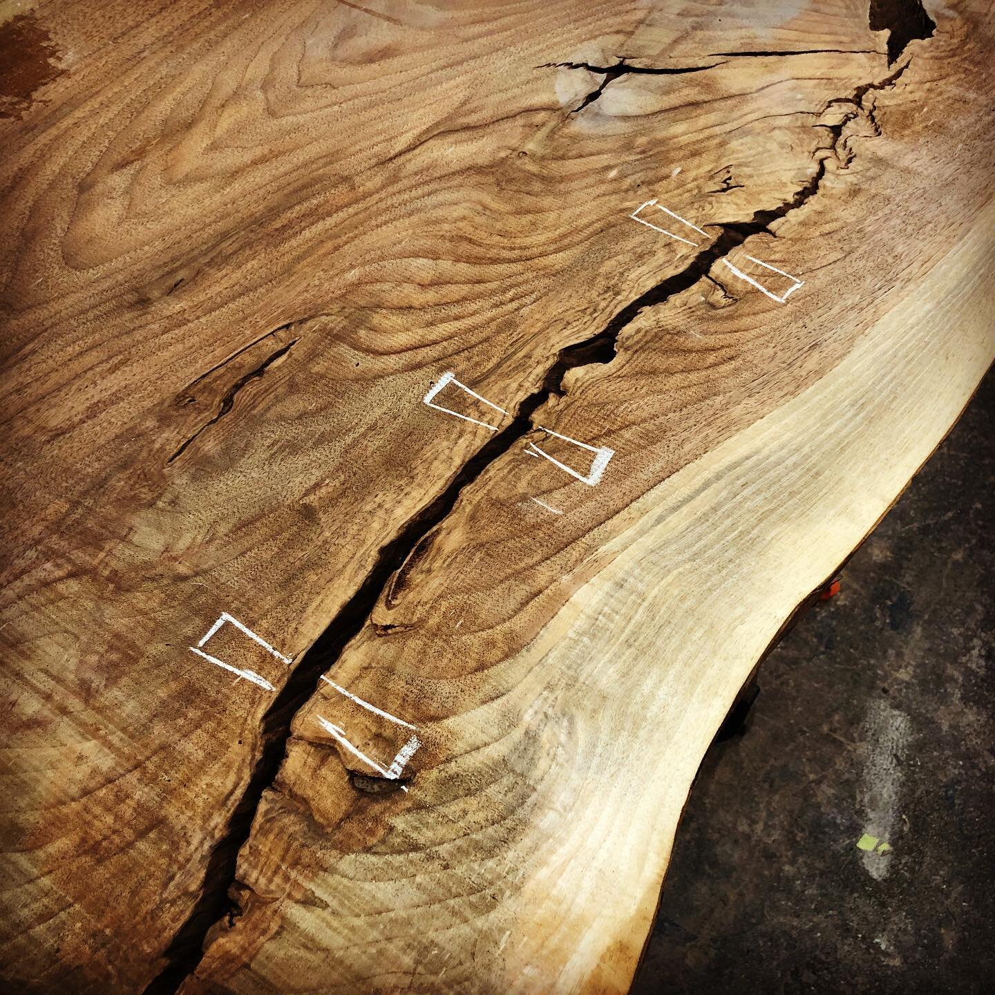 Mapping out bow tie placements for a very large and beautiful walnut live edge coffee table