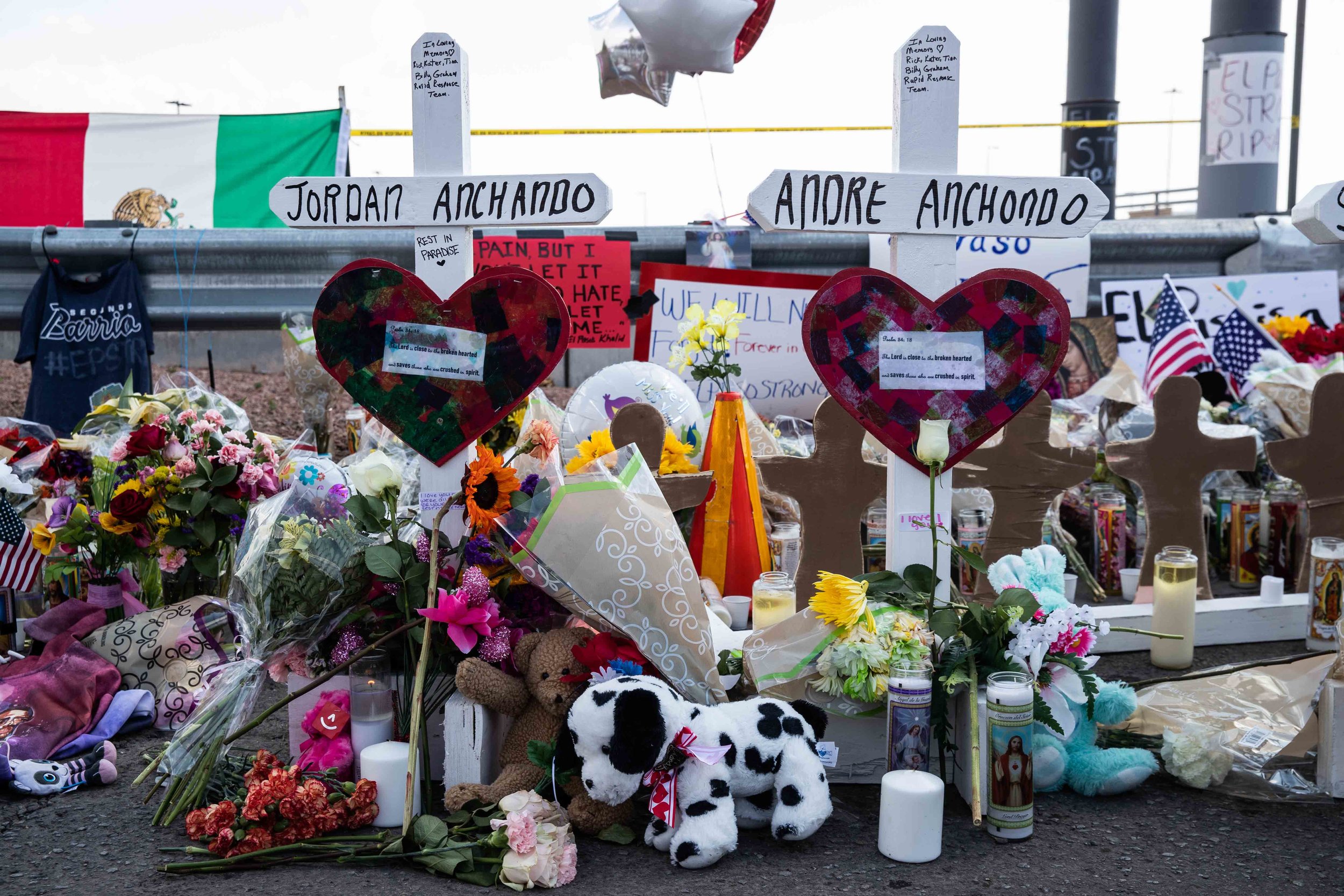  Crosses with the Andre and Jordan Anchondo, victims of the mass shooting occurred in Walmart last Saturday morning, have been placed on the scene to honor their memory in El Paso on Monday, August 5, 2019. 