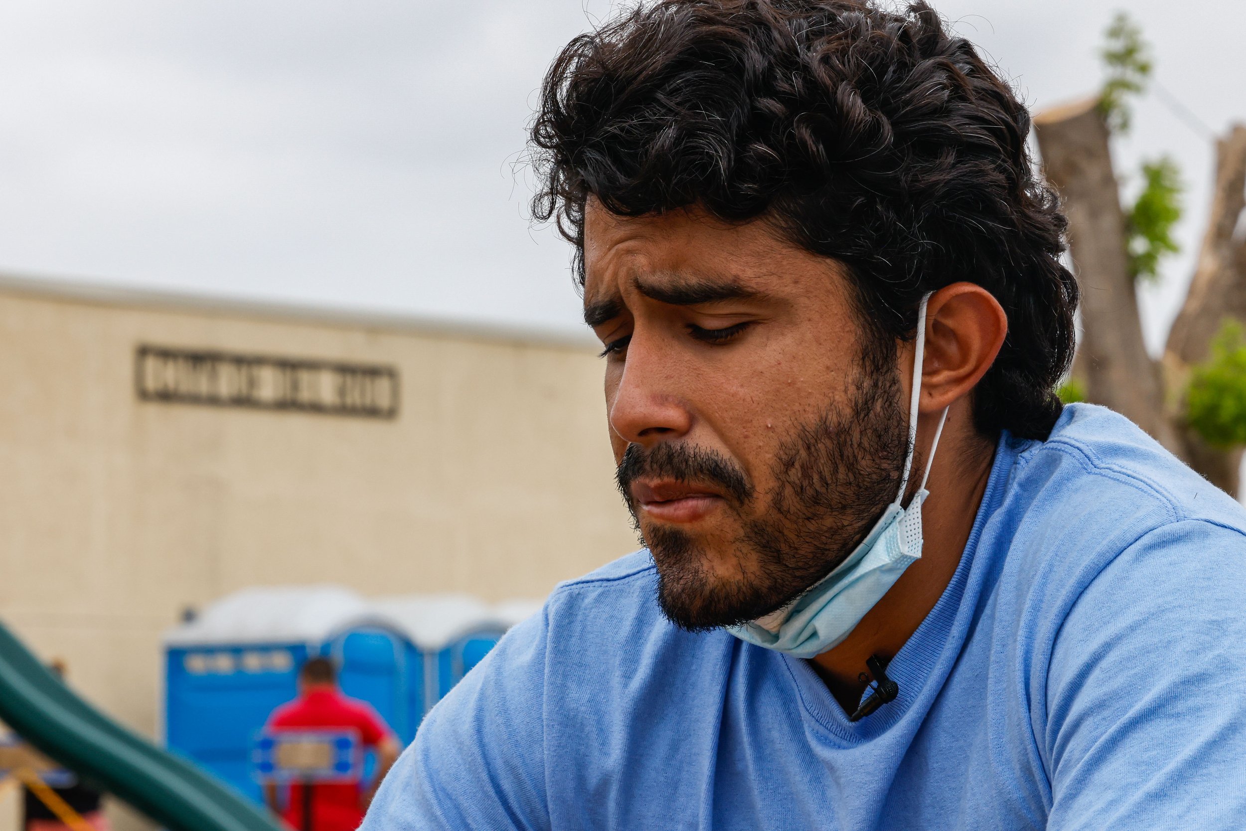  Victor Rodriguez, 26, reacts during an interview as he recalls the journey he made to the United States in Del Rio, Texas on Wednesday, April 20, 2022. Rodriguez, originally from Venezuela, started to travel by foot from his home country to the Unit