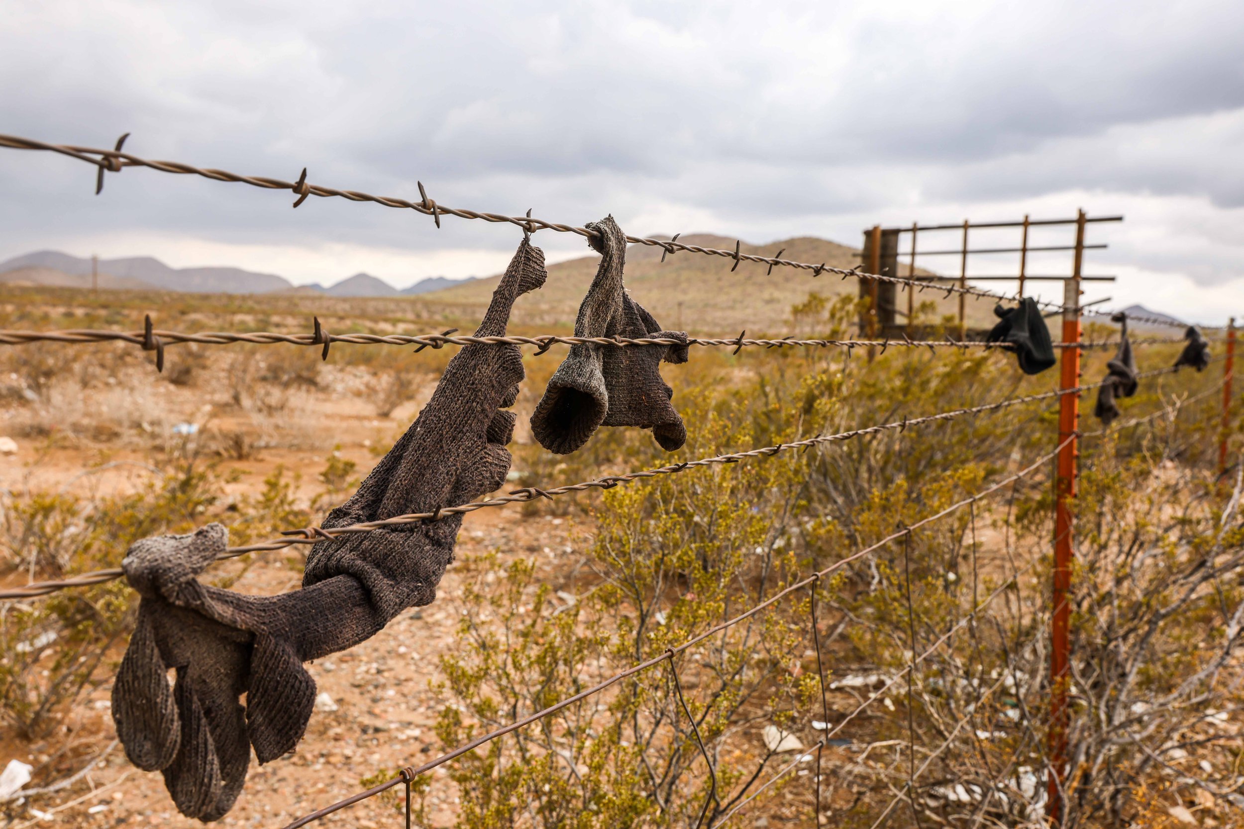  Several gloves for cold weather hung hooked on barbed wires that separate farmland near Interstate 10 in Van Horn in Culberson County on June 28, 2021 