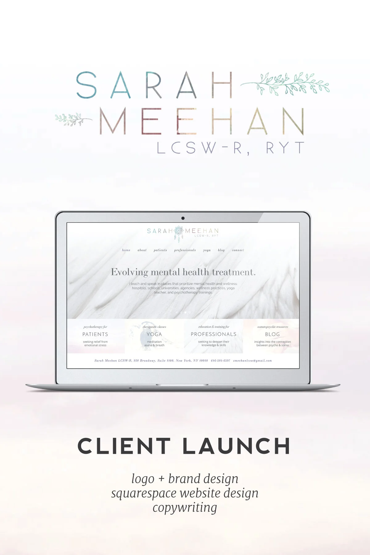 Join us as we celebrate the launch of our wonderful client, Sarah Meehan LCSW-R. We helped Sarah transition out of her DIY Squarespace website into a beautiful new Squarespace design that better fits her successful psychotherapy business.
