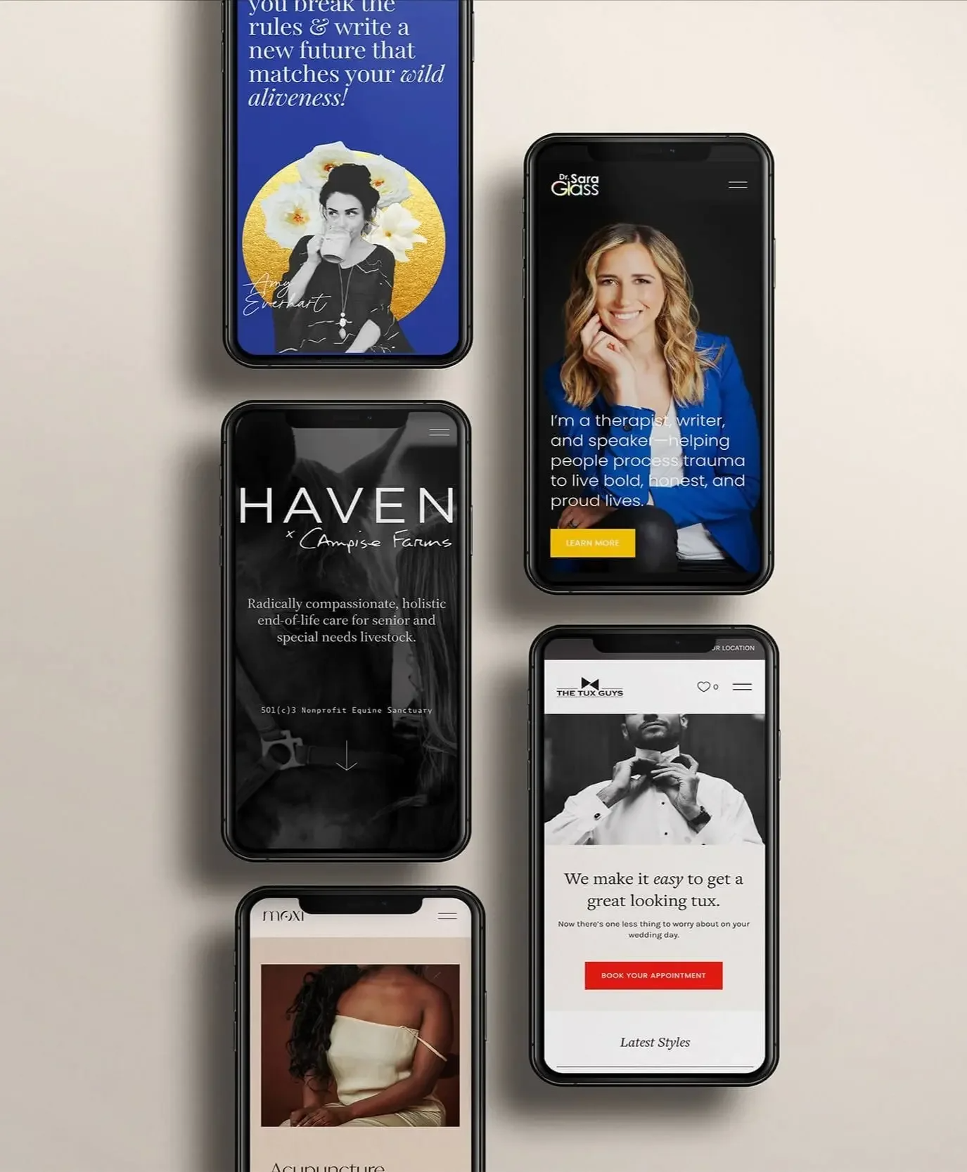 Multiple smartphones displaying various websites and app interfaces on a beige background. The screens show different designs, text, and images related to health, therapy, animal care, personal styling, and professional services.