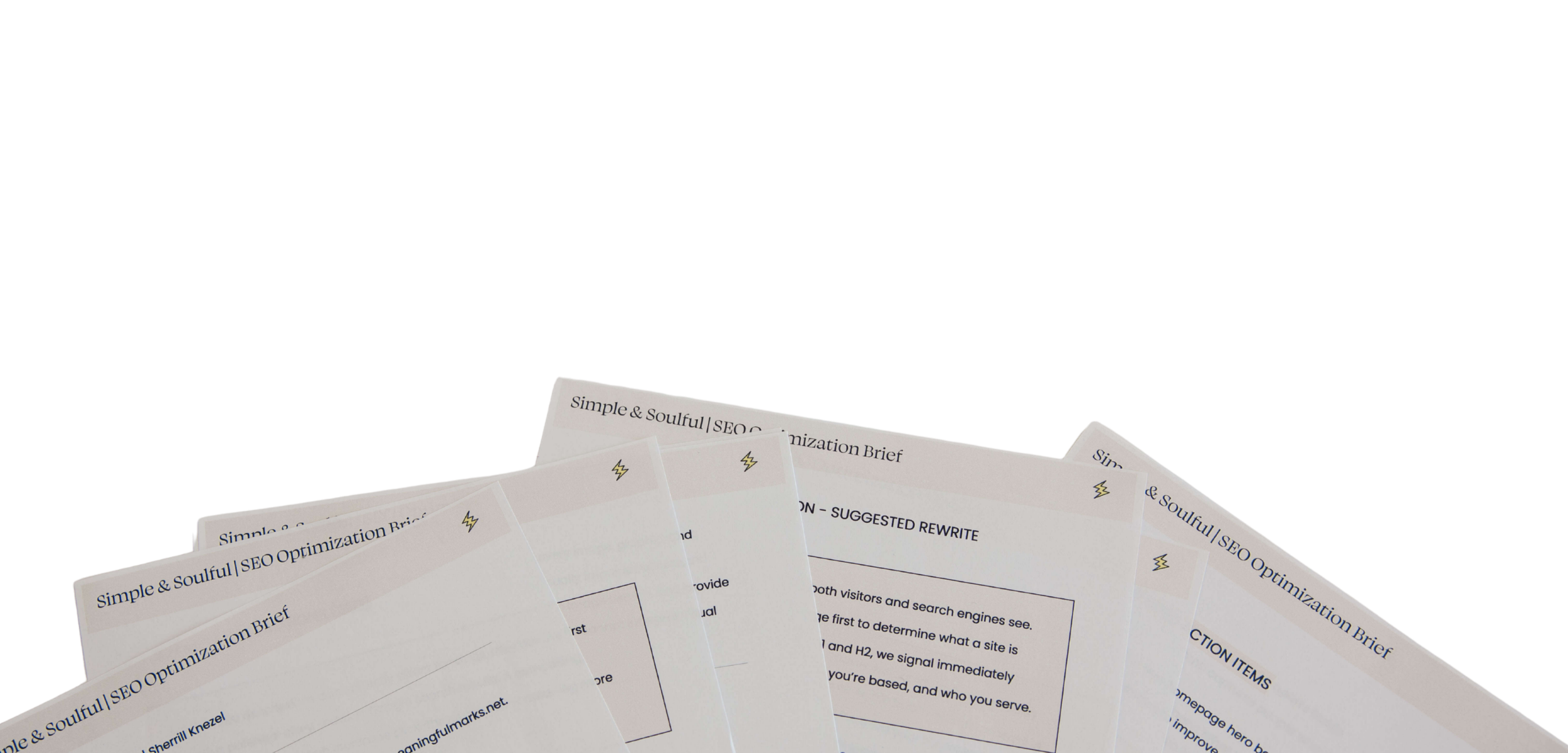 Several printed pages of a document titled 'Simple & Soulful SEO Optimization Brief' spread out and overlapping each other on a flat surface.