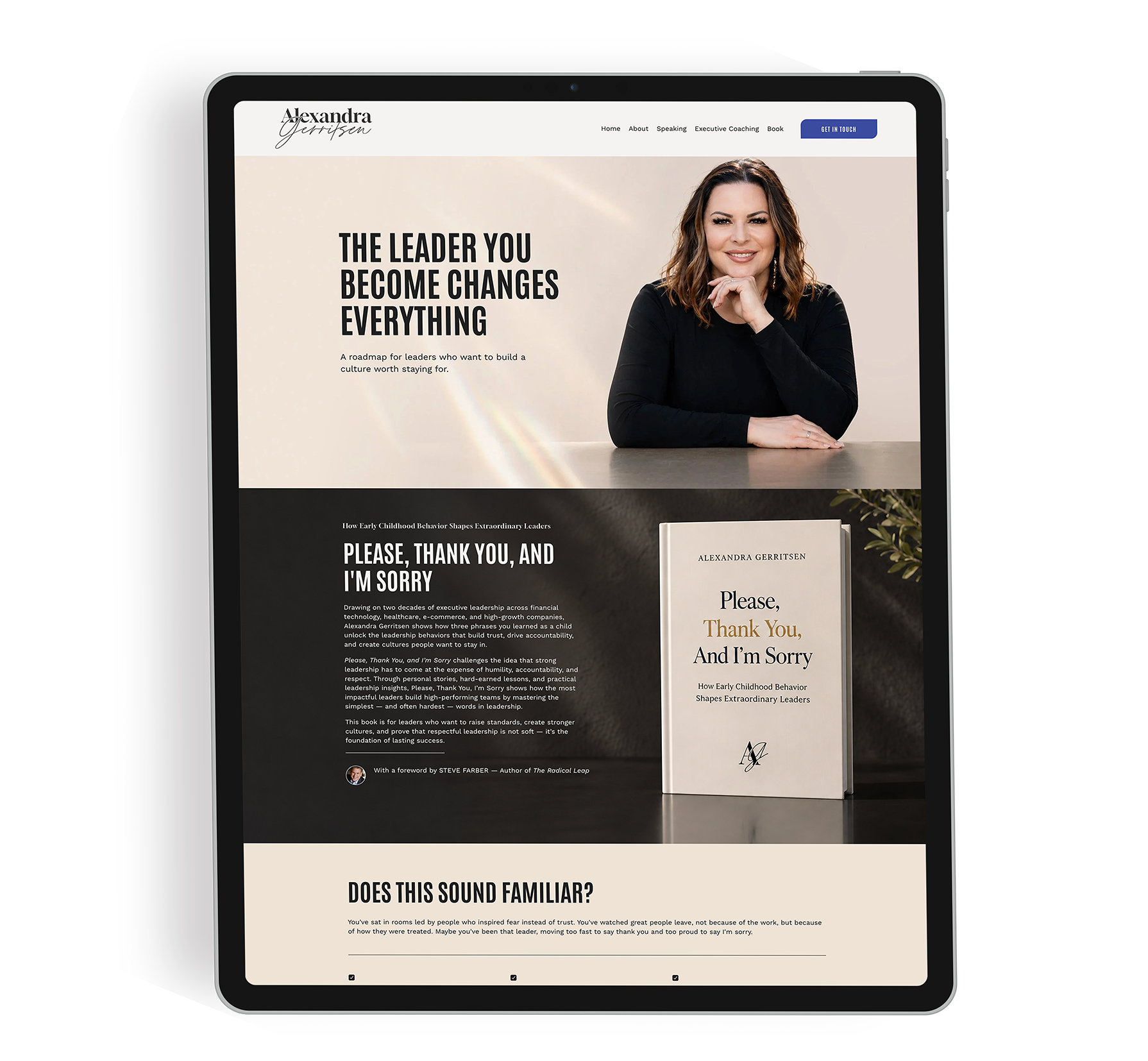 Screenshot of a woman sitting at a table with a book titled "Please, Thank You, And I'm Sorry" by Alexandra Gerritsen. The webpage features a header with her name, navigation options, and a blue "Get in Touch" button. The main content includes text about leadership and culture.