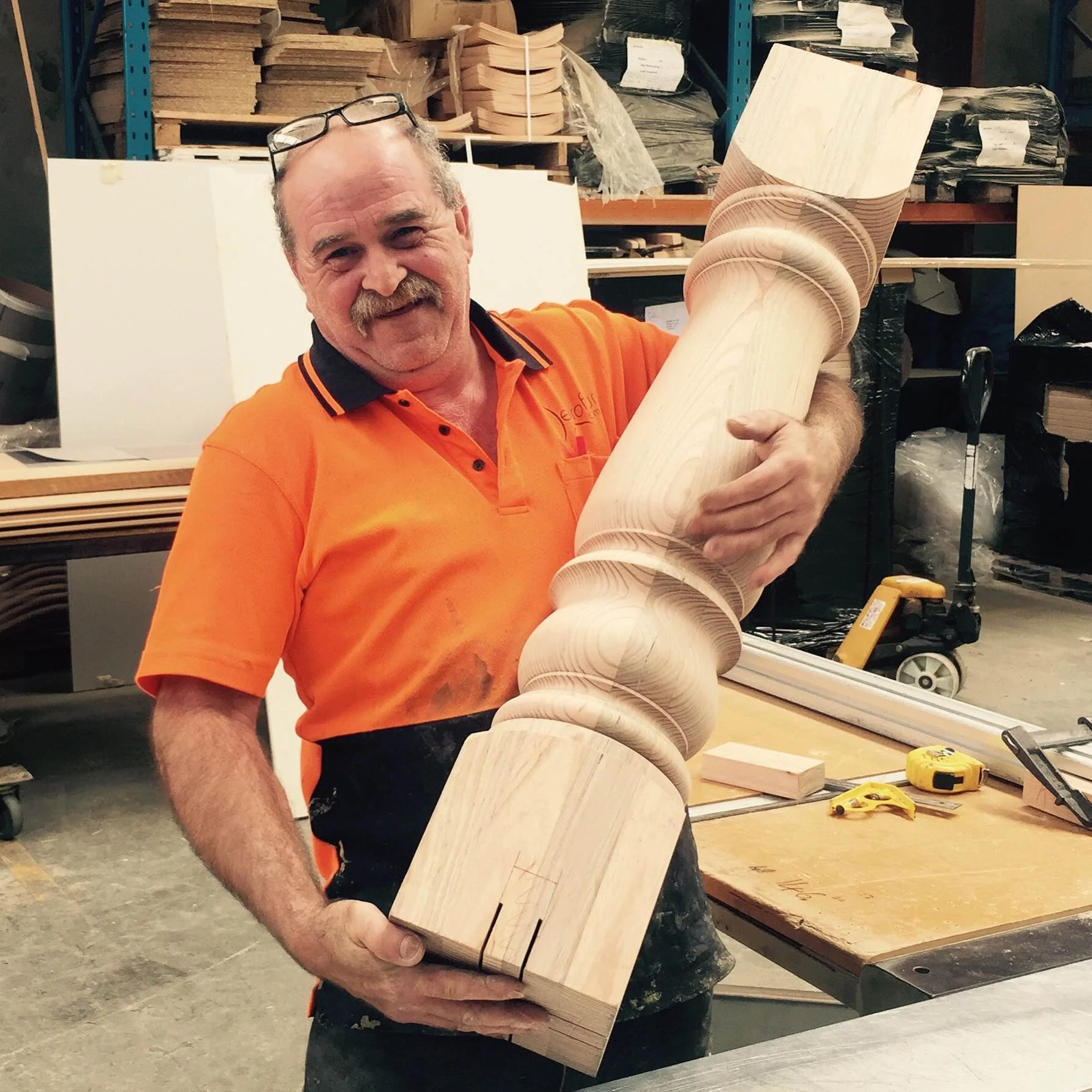 Bohdan - One of our Traditional Wood Machinists working o a Tasmanian Oak Pedestal leg 