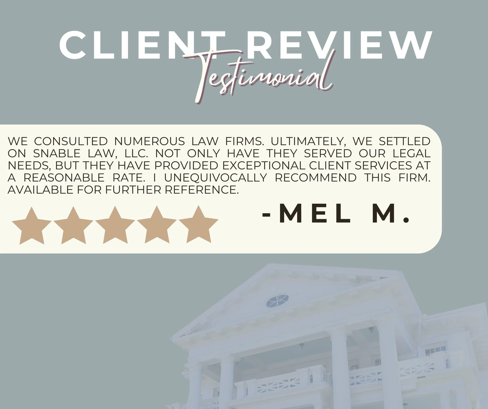 Another reminder that when you choose Snable Law, you&rsquo;re choosing dedication, compassion, and results. Thank you for the kind words!
#ClientTestimonial #HereToFightForYou 
 #SnableLaw #SnableStrong #SnableSimpleStrong #BiringhamAlabama #SnableL