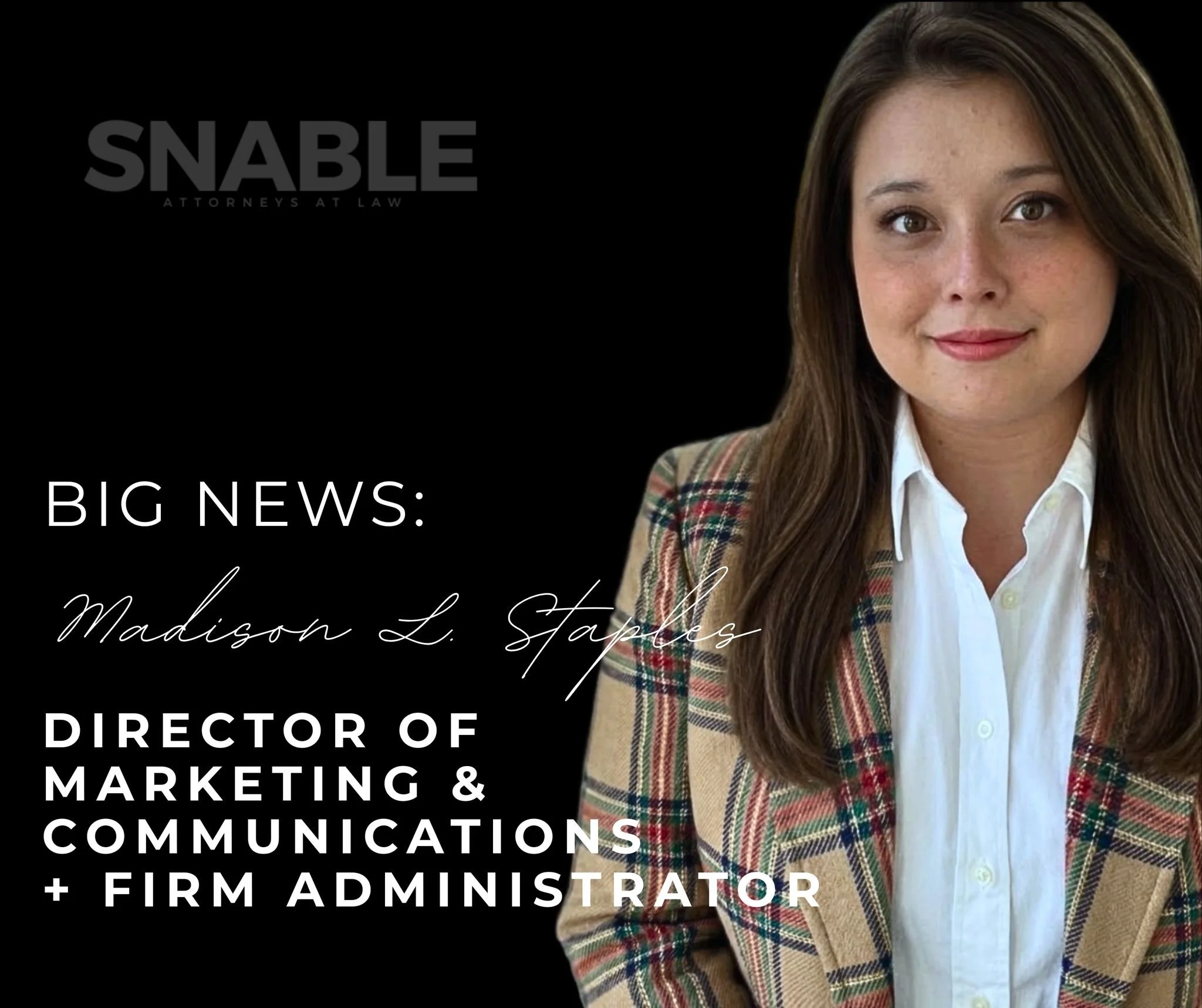 Big news at Snable Law!

Our Director of Marketing &amp; Communications is stepping into an expanded role as Firm Administrator, continuing to lead our brand, communications, operations, and internal strategy. From shaping firm vision and culture to 
