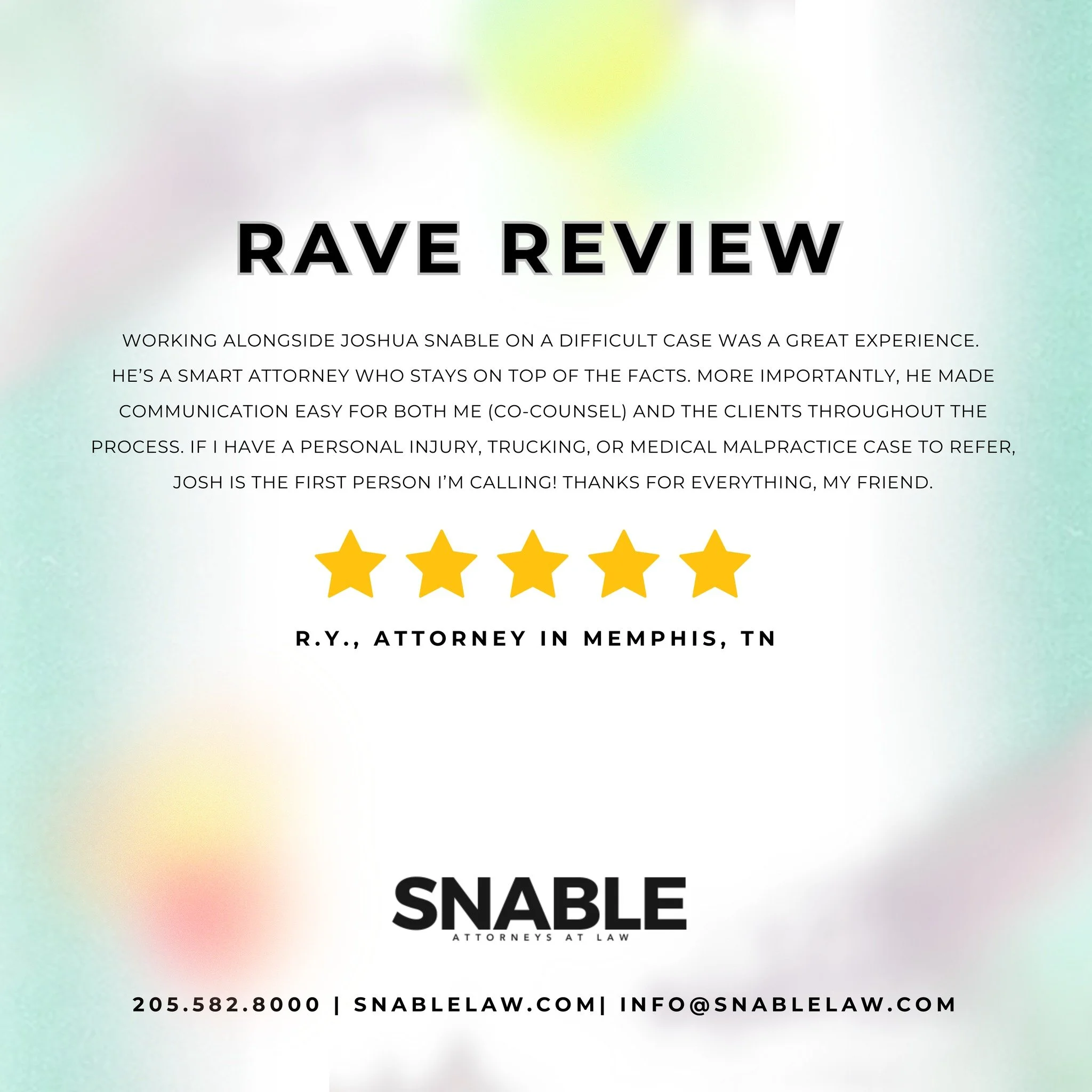 We&rsquo;re celebrating another five-star review for Snable Law! ⭐⭐⭐⭐⭐ 

Hearing positive feedback means the world to us, and we are so honored to serve the people of our community every single day!

Snable. Simple. Strong.