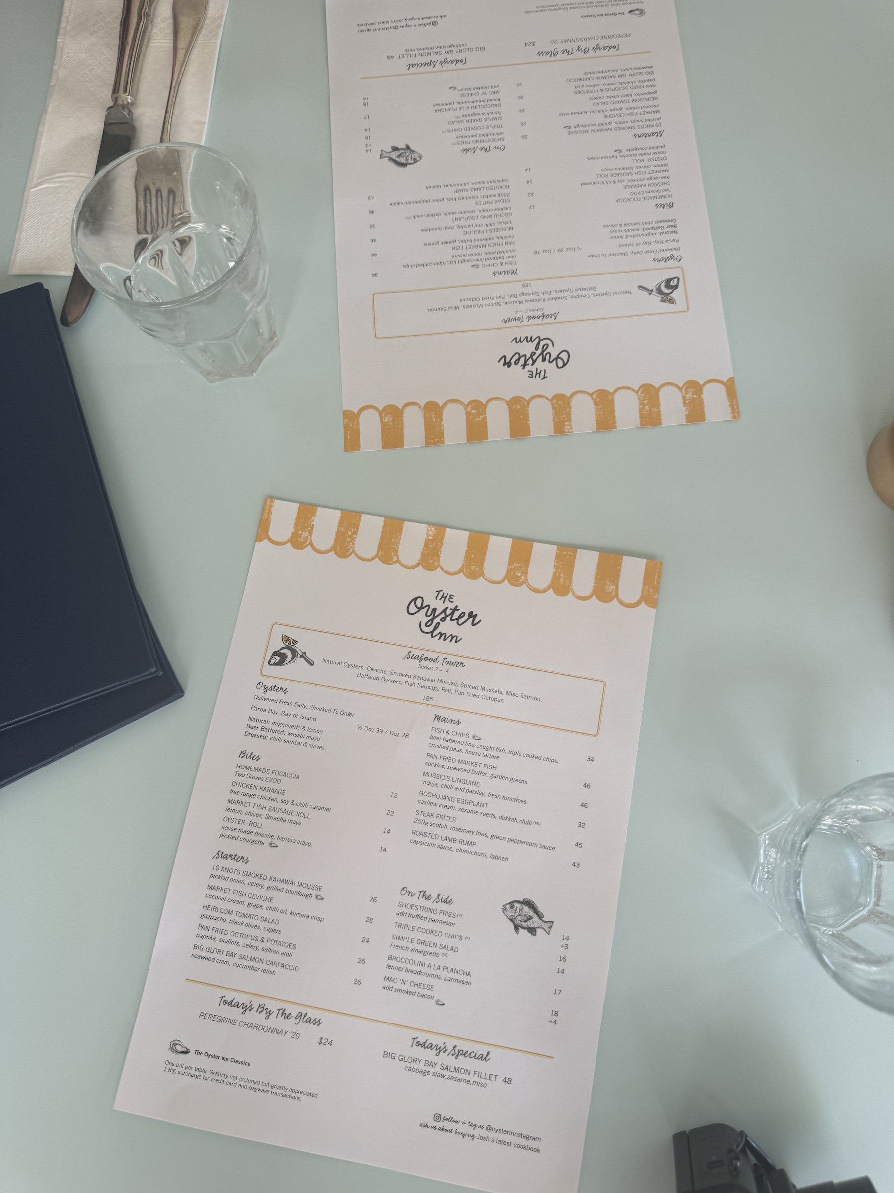 menu at The Oyster Inn
