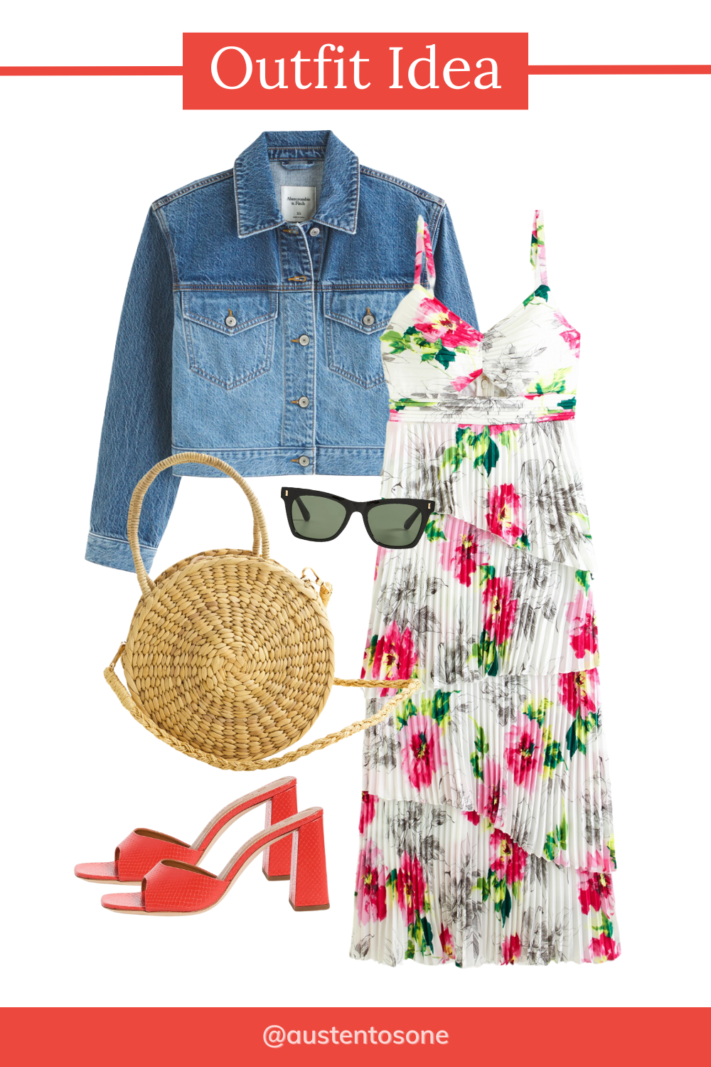 Keep Calm and Chiffon Blogger Austen Tosone Styling tips: denim jacket, floral dress and heels