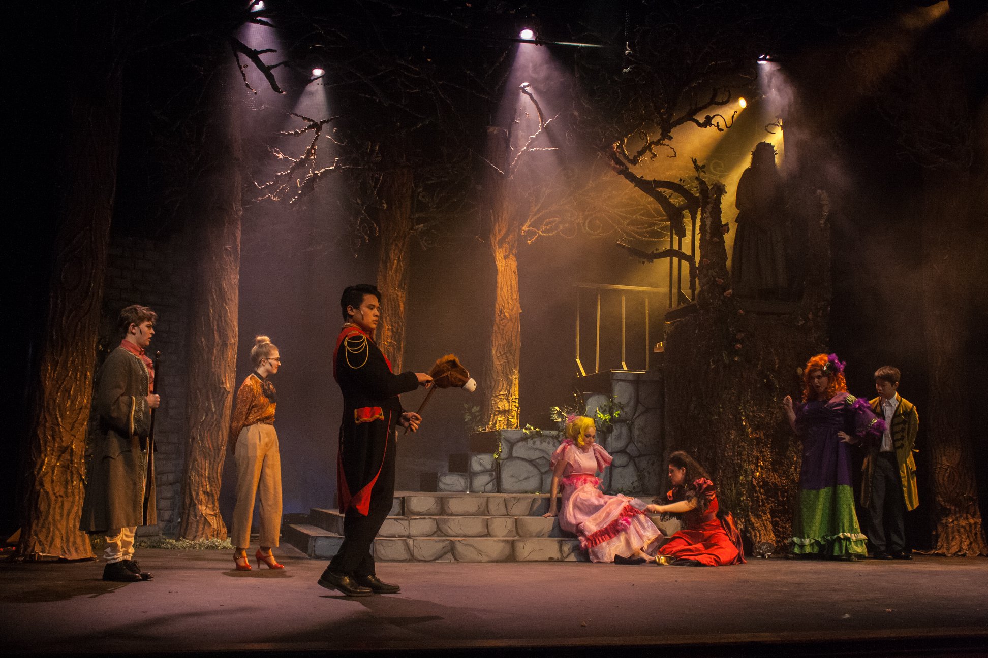   Into the Woods  by Lapine &amp; Sondheim Fordham University   Musical direction by Alex Parrish Scenery design by Annika Fagerstorm Costumes design by Megan O’Keeffe &amp; Griffin LaMarche Lights design by Helen Bucks &amp; Gillian Roberts Sound d