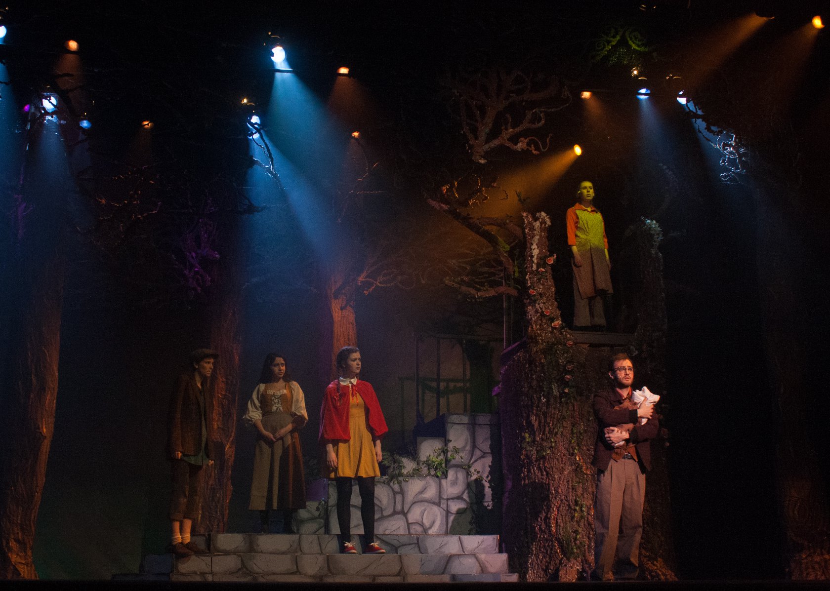    Into the Woods  by Lapine &amp; Sondheim Fordham University   Musical direction by Alex Parrish Scenery design by Annika Fagerstorm Costumes design by Megan O’Keeffe &amp; Griffin LaMarche Lights design by Helen Bucks &amp; Gillian Roberts Sound d