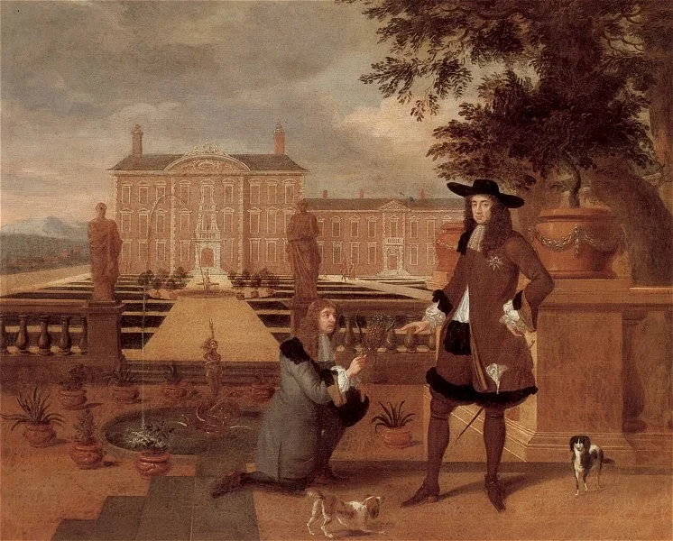17th century painting of Charles II receiving a gift of a pineapple from a loyal subject 