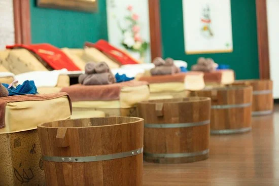 A typical Chinese massage spa with basins ideal for herbal foot soaks