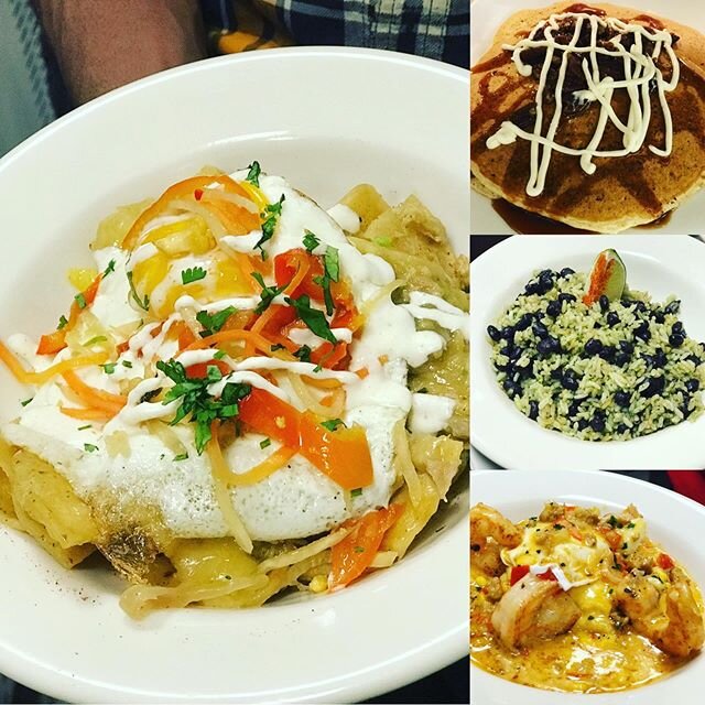 Brunch at its best!!
Chilaquiles
Sticky bun pancakes 🥞  Cajun shrimp 🦐  Cilantro rice and black beans  Eat local!!!!!