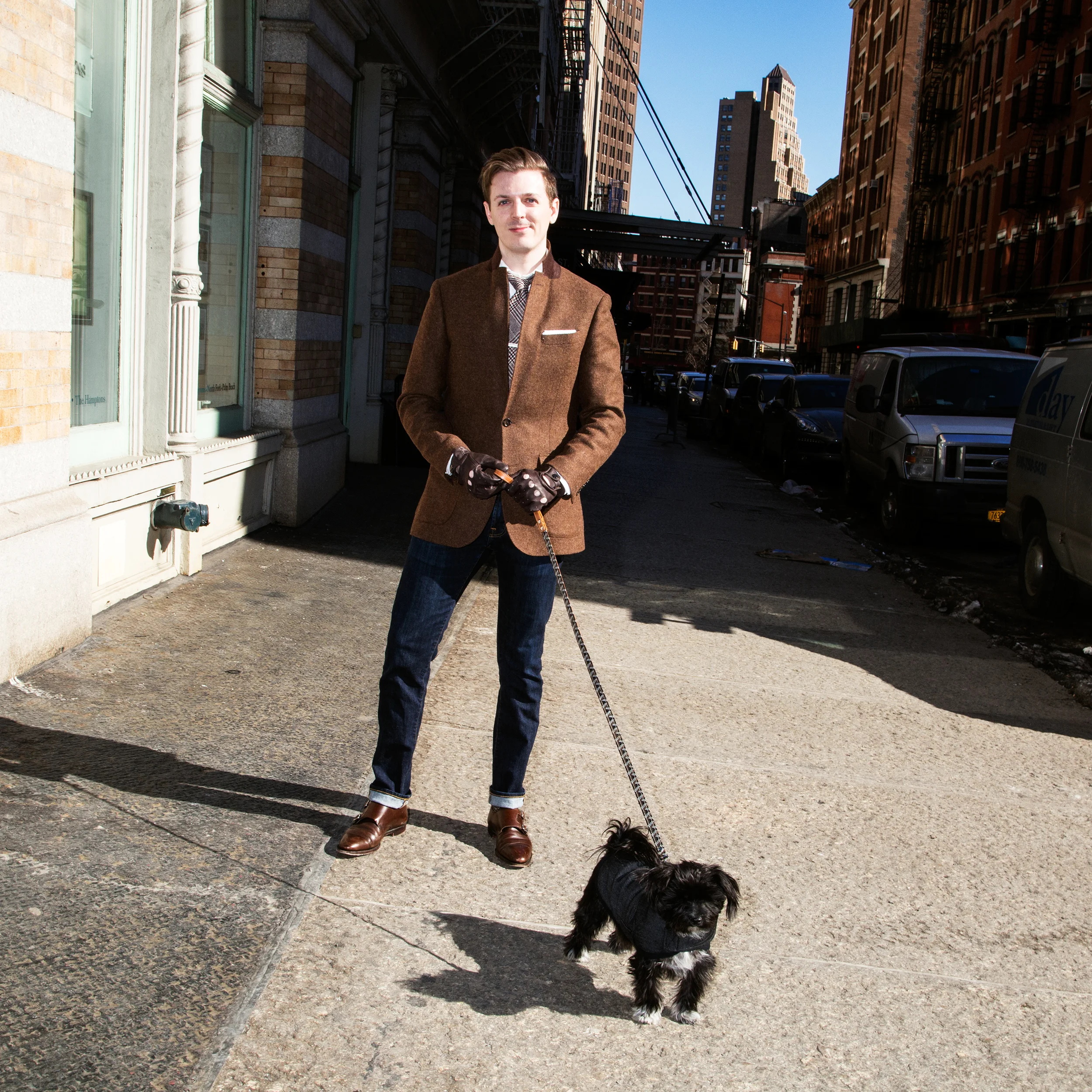 Grant McClelland walking Edie. Leash, Goyard