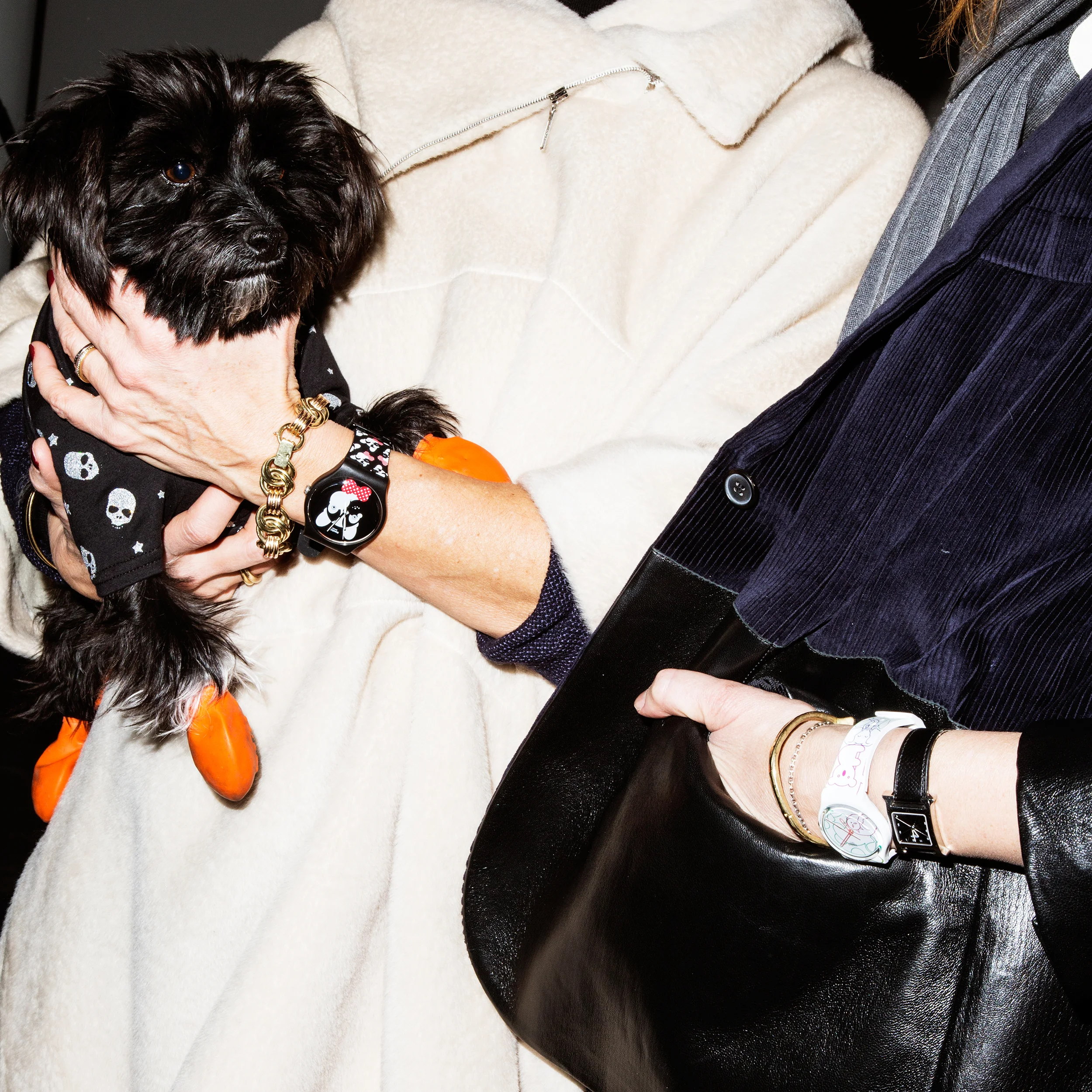 Coats on humans, Zero by Maria Cornejo left and Acne right. My Pet and Me SWATCH watches, Skull shirt on Edie, Mr. Soft Top , a gift. SPONSORED POST