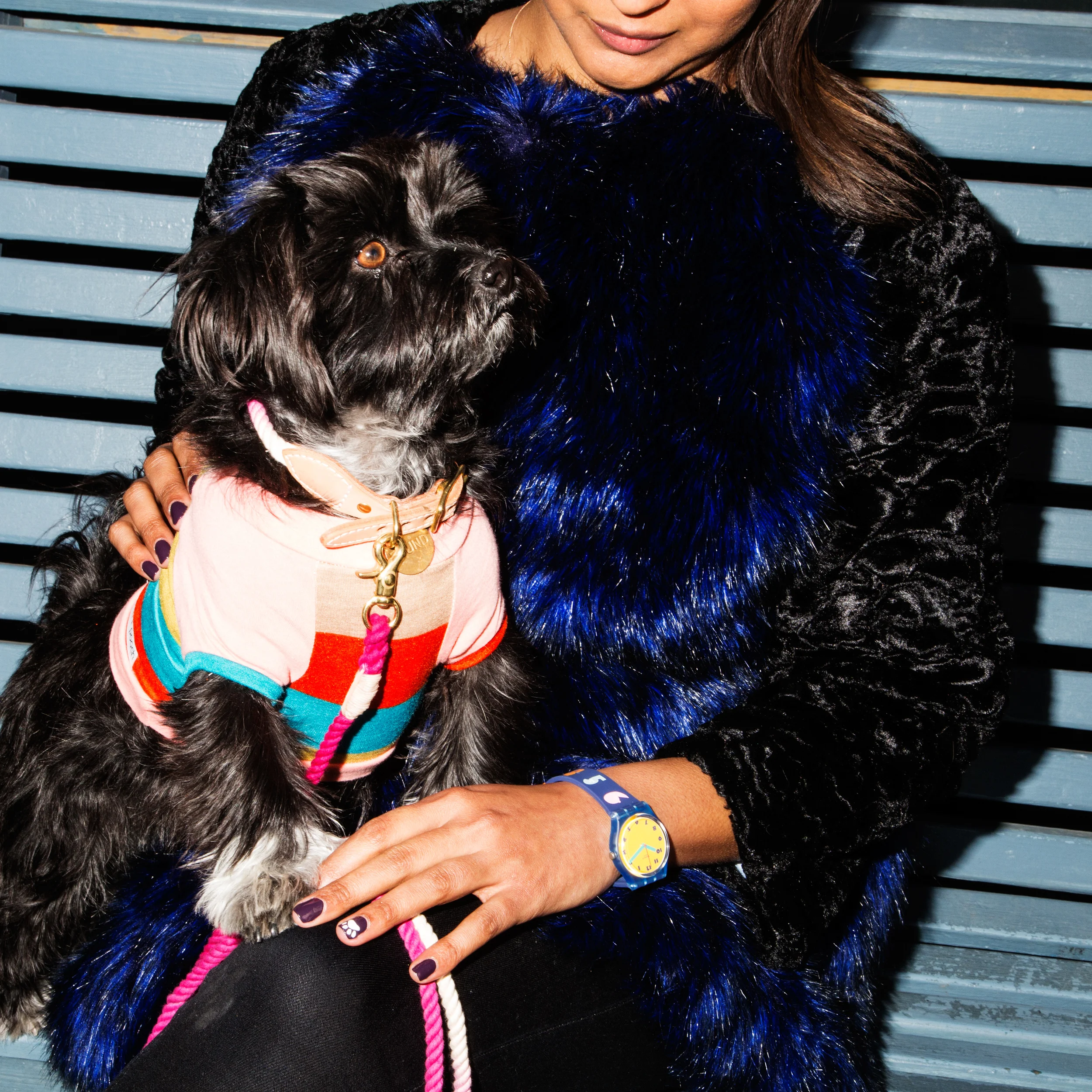 Antonia in Pelush Edie wearing a Penn + Pooch shirt, a gift. Leash: Found my Animal , a gift.