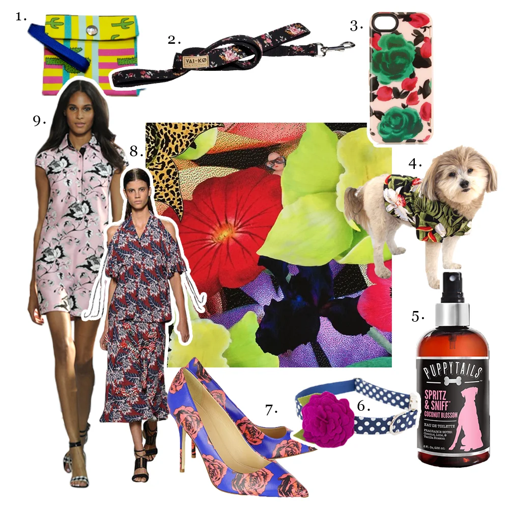 1. Pepito & Co, Arizona Leash Bag 2. VAI-KØ, Alma Dog Leash Marc by Marc Jacobs, Floral iPhone Case 4. Dog Threads, Tropical Button Down 5. Puppytails, Spritz & Sniff in Coconut Blosso m 6. Pecan Pie Puppies, Flower Dog Collar in Plum Polka Dots 7. J.Crew, Floral Print Leather Pumps 8. Thakoon, Spring/Summer 2015 Collection 9. Diane von Furstenberg, Spring/Summer 2015 Morgan Raw Silk Tunic Dress Center photo WHERE IS THE BABY, 13 Alexandra Penney , 2015