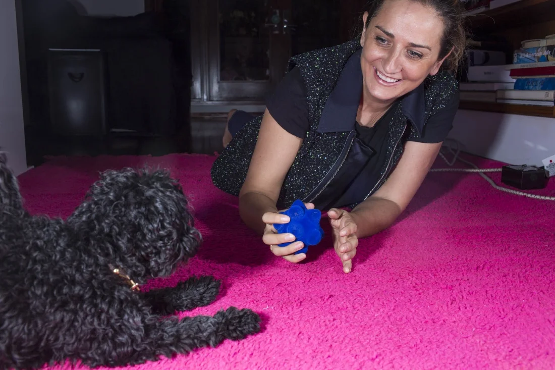 NEW YORK - JUNE 16: Faye McLeod and her dog Stella at home on June 16, 2015, in New York City. (Photo by Landon Nordeman)