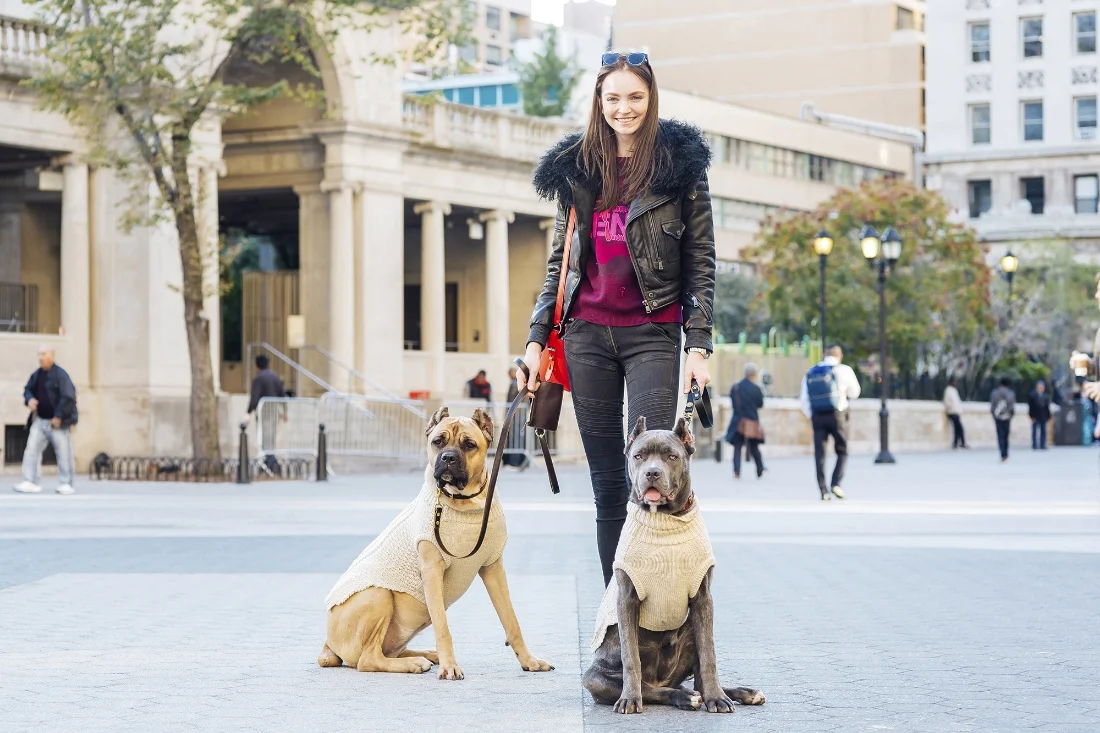 Drielle/One and her dog Layla, left, and Bella. Both dogs in FABDOG sweaters.
